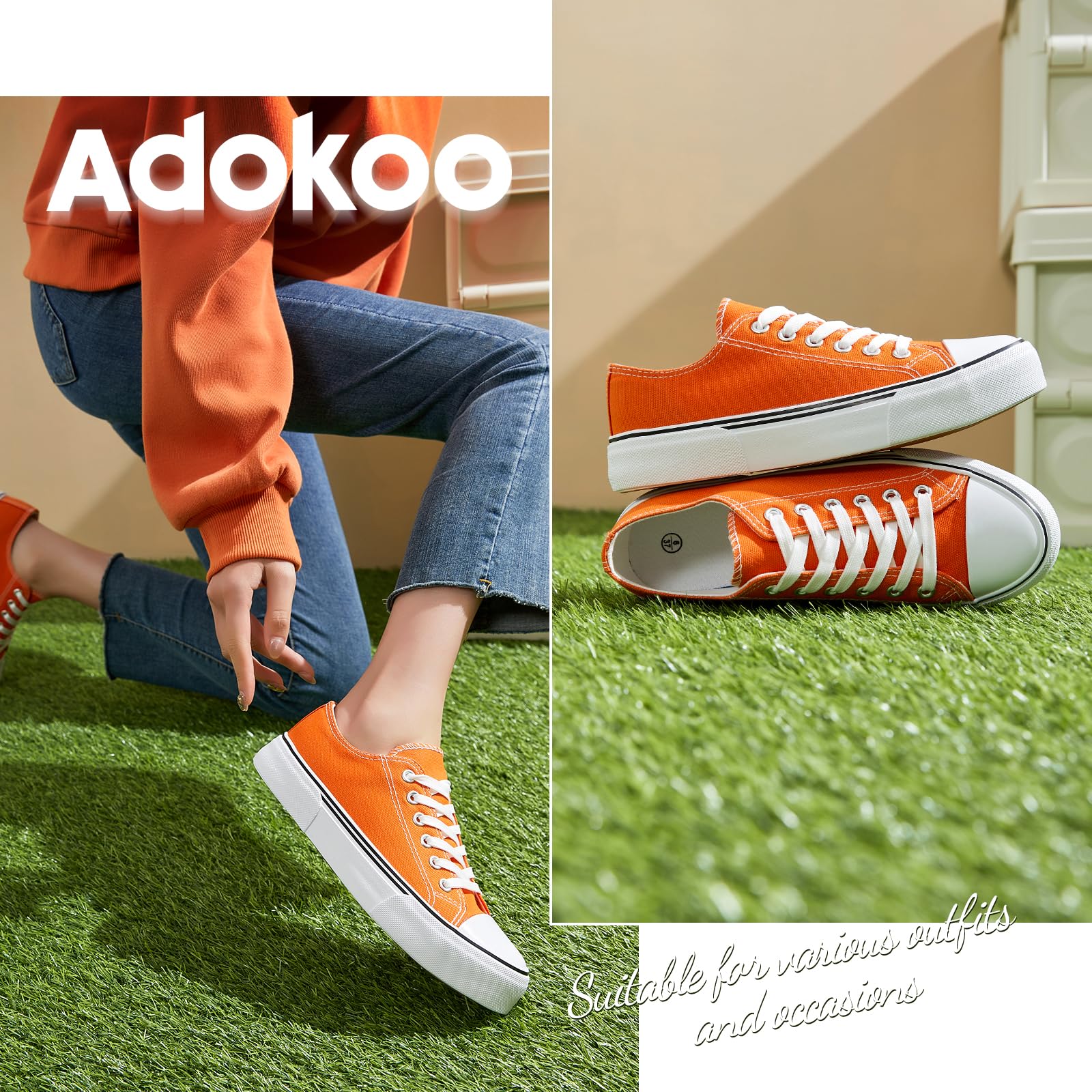 Adokoo Women's Low Top Canvas Tennis Shoes - White & Black Casual Sneakers for Women | Lace-Up Comfortable Walking Shoes | Perfect for Daily Wear, Gym, and Outdoor Activities