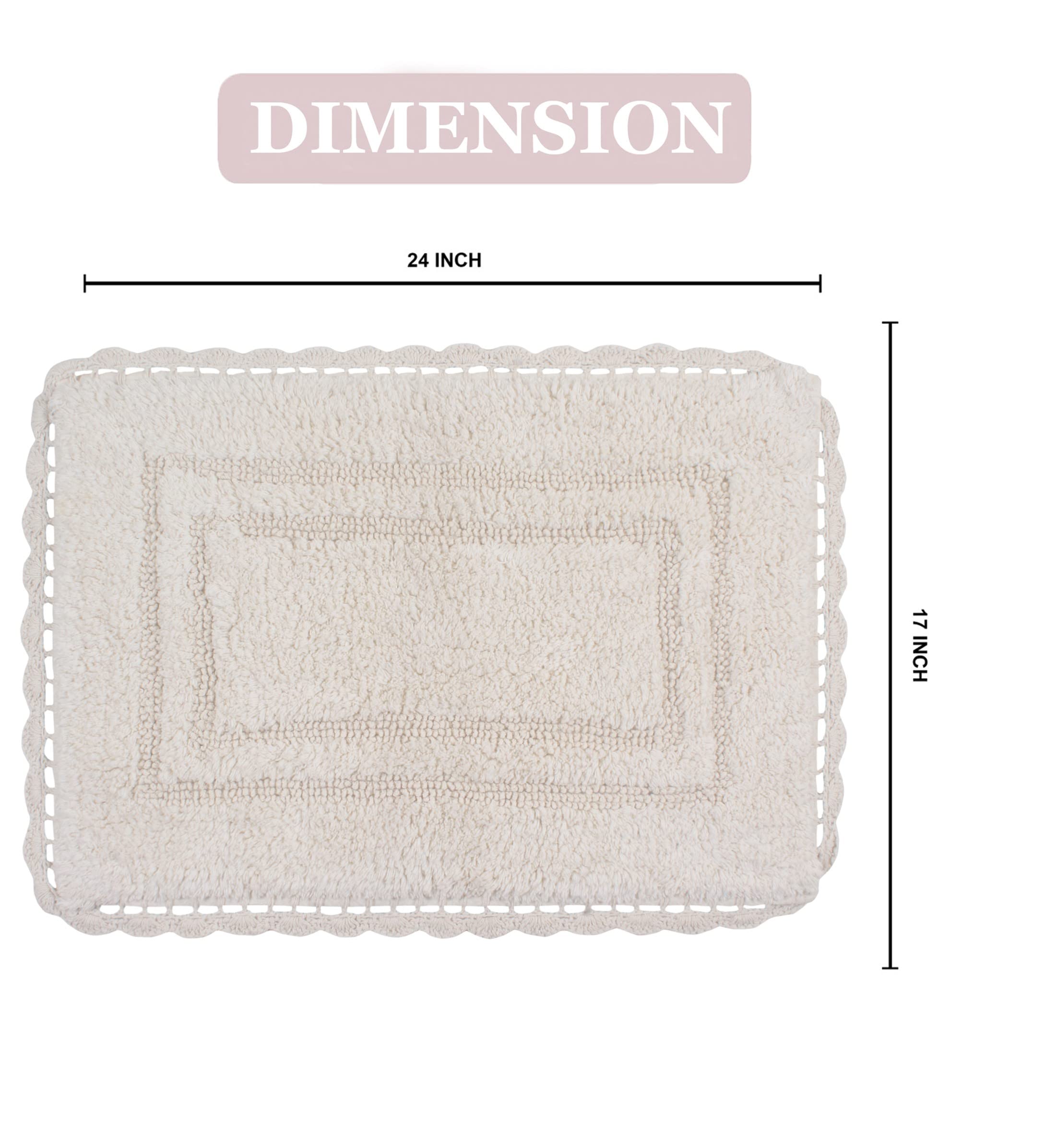 Home Weavers Reversible Cotton Bath Mat Set - 100% Soft & Absorbent Non-Slip Bathroom Rug (17x24 Inch, Ivory) | Washable Kitchen & Bath Mats for Elegant Home Decor - Perfect for Bathrooms, Showers & Vanity Areas