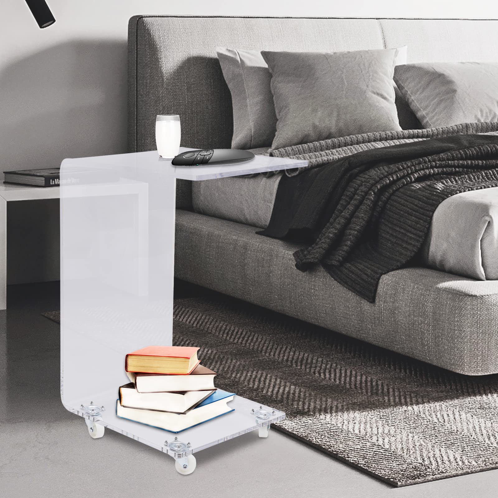 Gdrasuya10 Clear Acrylic C-Shaped End Table with 4 Wheels - 13x15x23 Inch Multifunctional Rolling Side Table for Bedroom, Living Room & Office - Perfect as Bedside Table, Snack Table or Sofa Desk