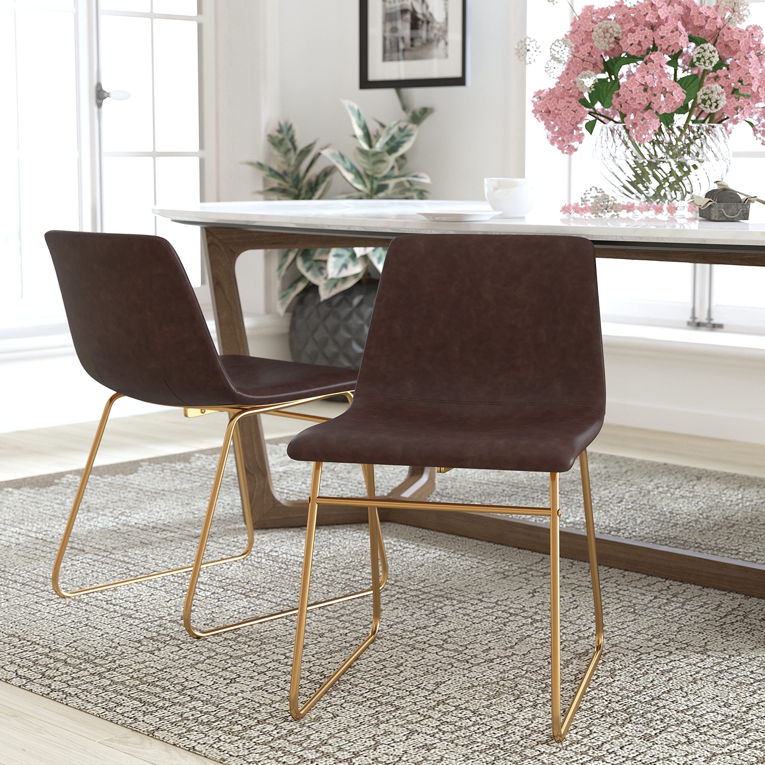 EMMA + OLIVER 18 Inch Indoor Dining Chairs Set of 2 - Dark Brown LeatherSoft Upholstery with Gold Metal Frame - Modern Kitchen & Breakfast Nook Seating