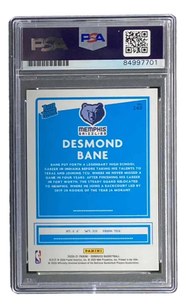 Desmond Bane Signed 2020 Donruss Rated Rookies #240 Rookie Card PSA/DNA Gem MT 10 - Authentic Autograph Basketball Collectible for Fans & Investors - Perfect for Display, Trading, and Memorabilia Collections