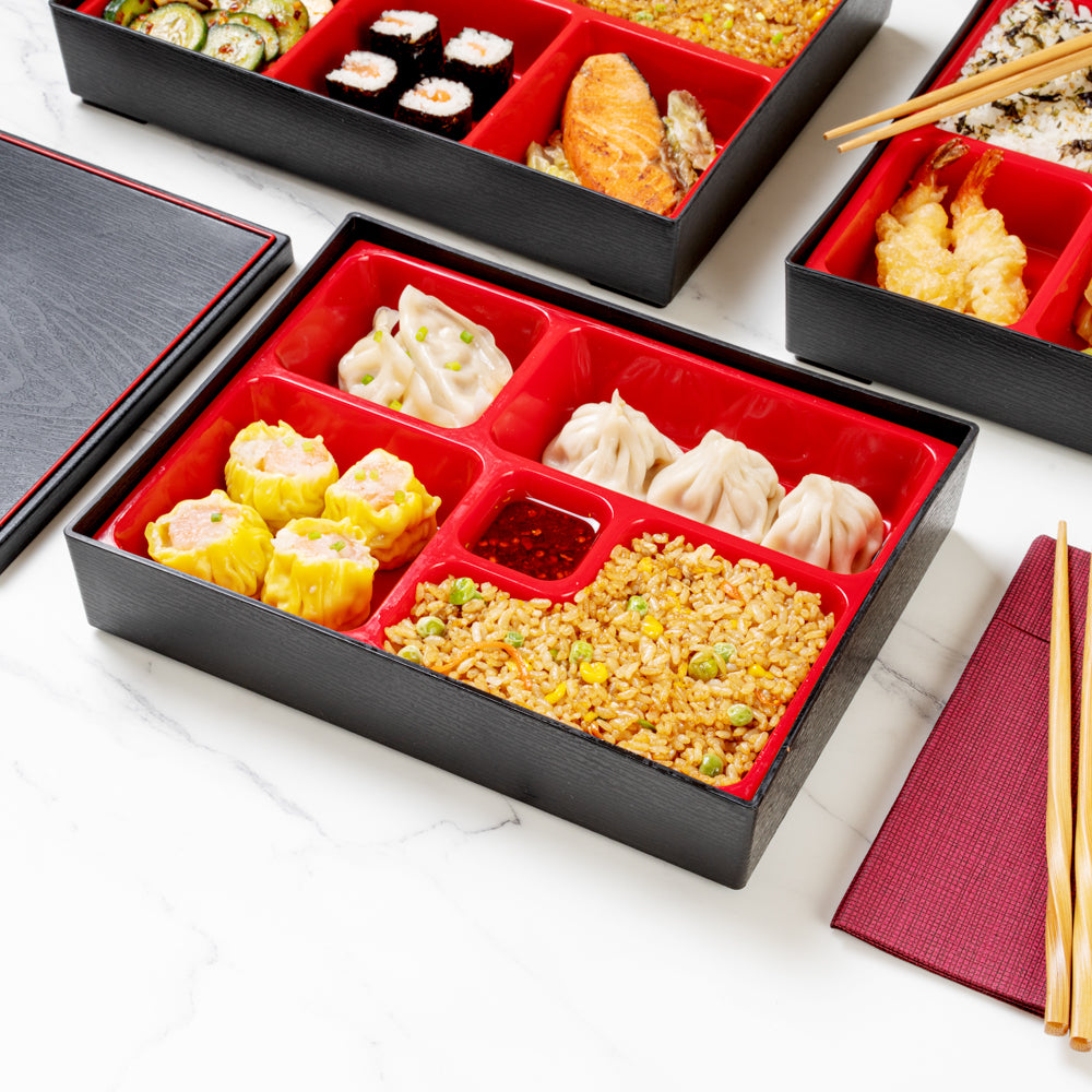 Japanese Style Bento Box - 5 Compartments Black and Red Lunch Box (10.75
