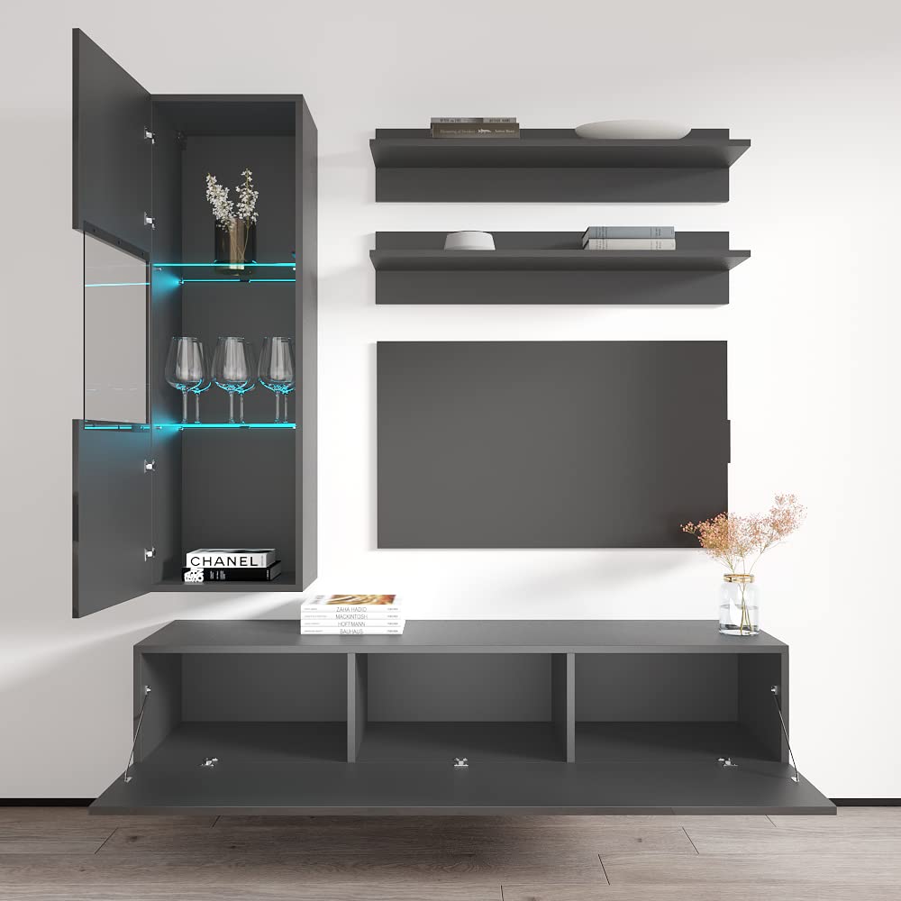 Modern Wall-Mounted TV Stand with Storage Shelves & LED Lights - H30 Entertainment Center Console for Living Room & Bedroom - Space-Saving Gray TV Cabinet (Perfect for Small Apartments & Home Theater Setups)