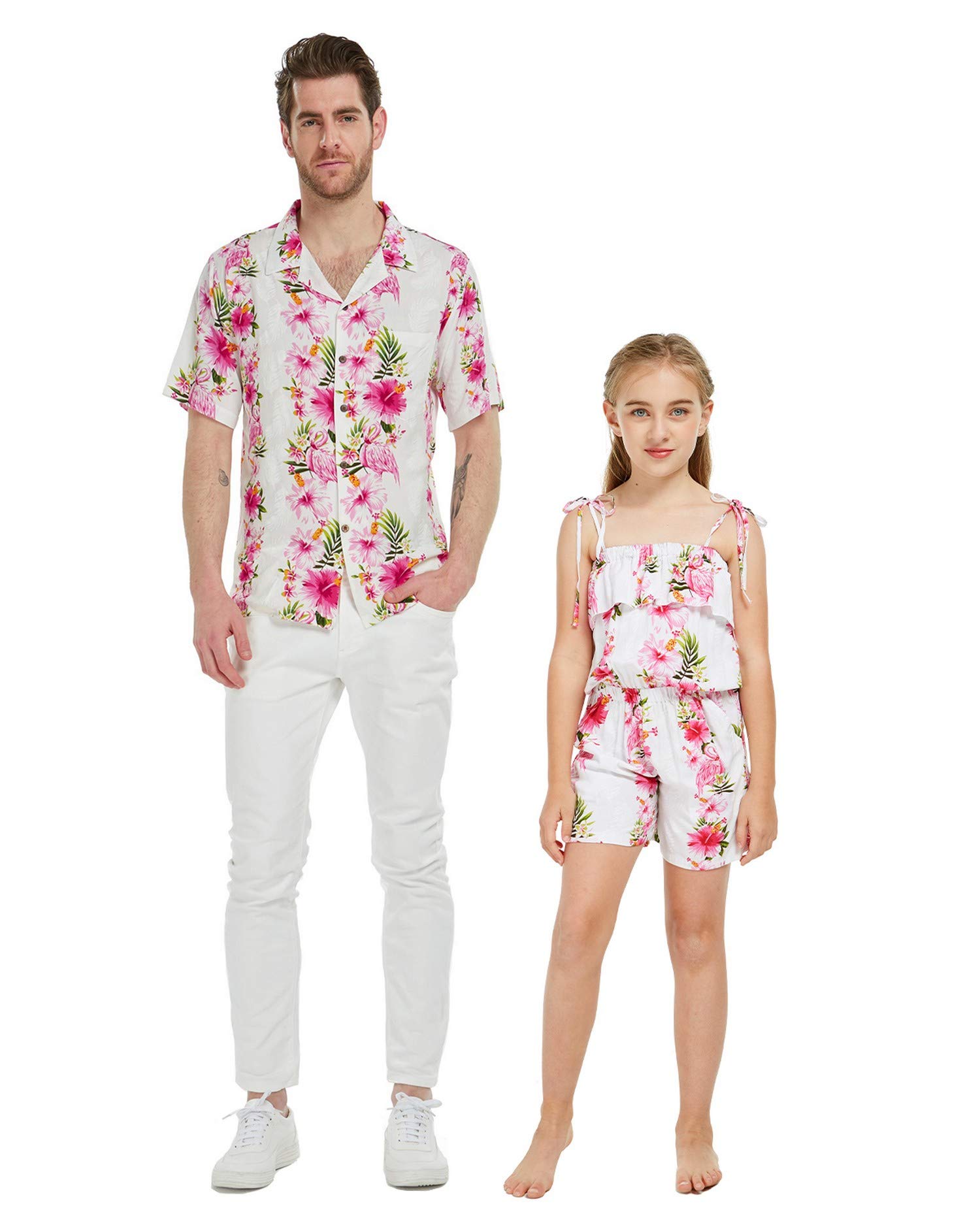 Matching Father Daughter Hawaiian Dance Shirt & Romper Set - Pink & White Hibiscus Vine Print - Tropical Luau Party Outfit for Family Events & Vacation Photos