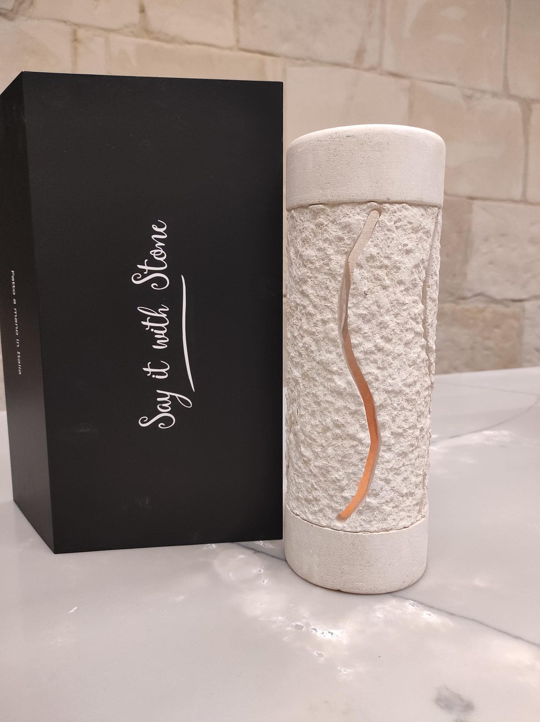 Handmade Italian Large Stone Candle Holder & LED Lantern 2-in-1 Set with Gift Box, Candle, Battery-Powered Light & Message Card - Elegant Home Decor for Mantel, Floor, Porch - Perfect Gift for Him & Her