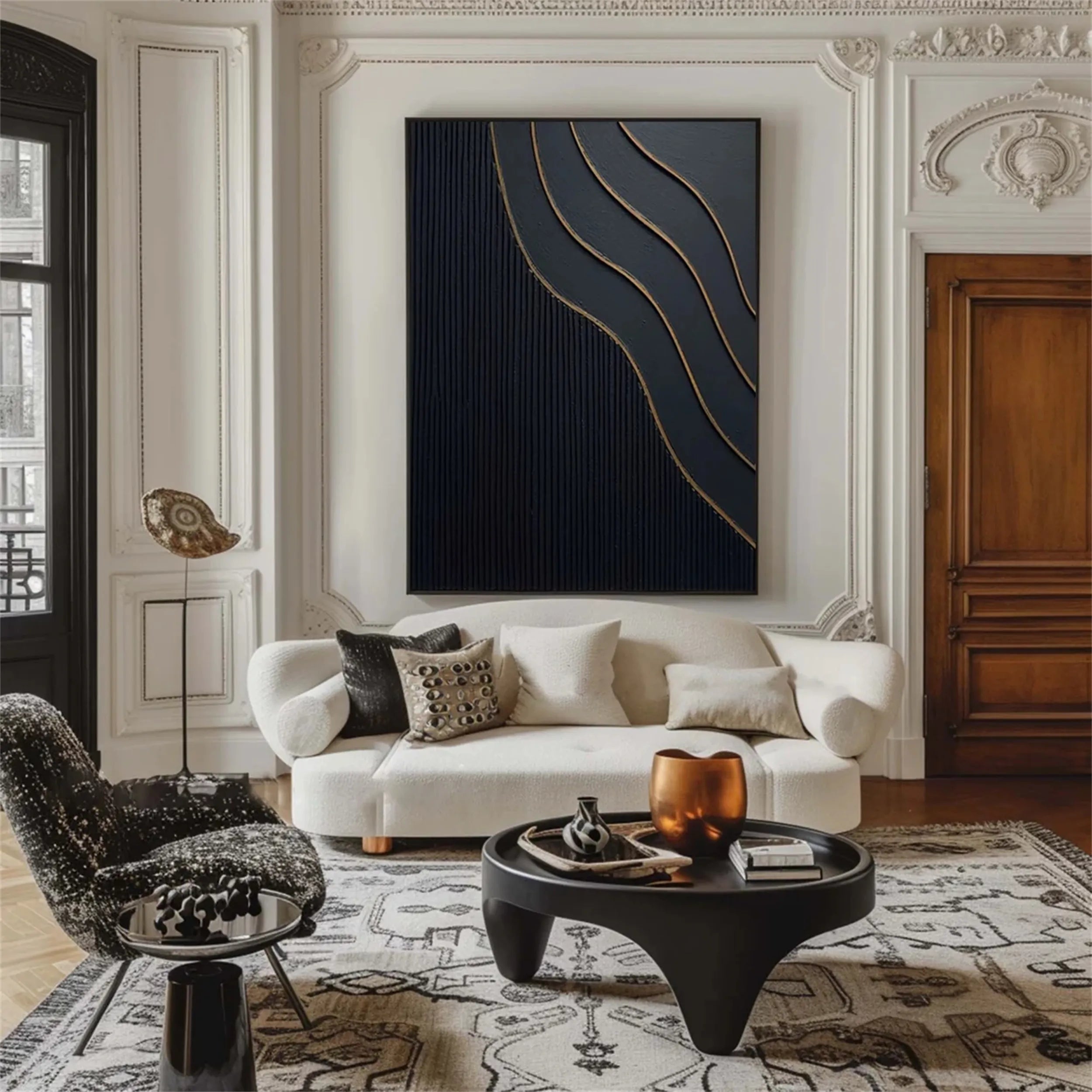 Black Gold Minimalist Textured Wall Art Painting - Modern Abstract Canvas Decor for Living Room, Bedroom & Office | #MZ087