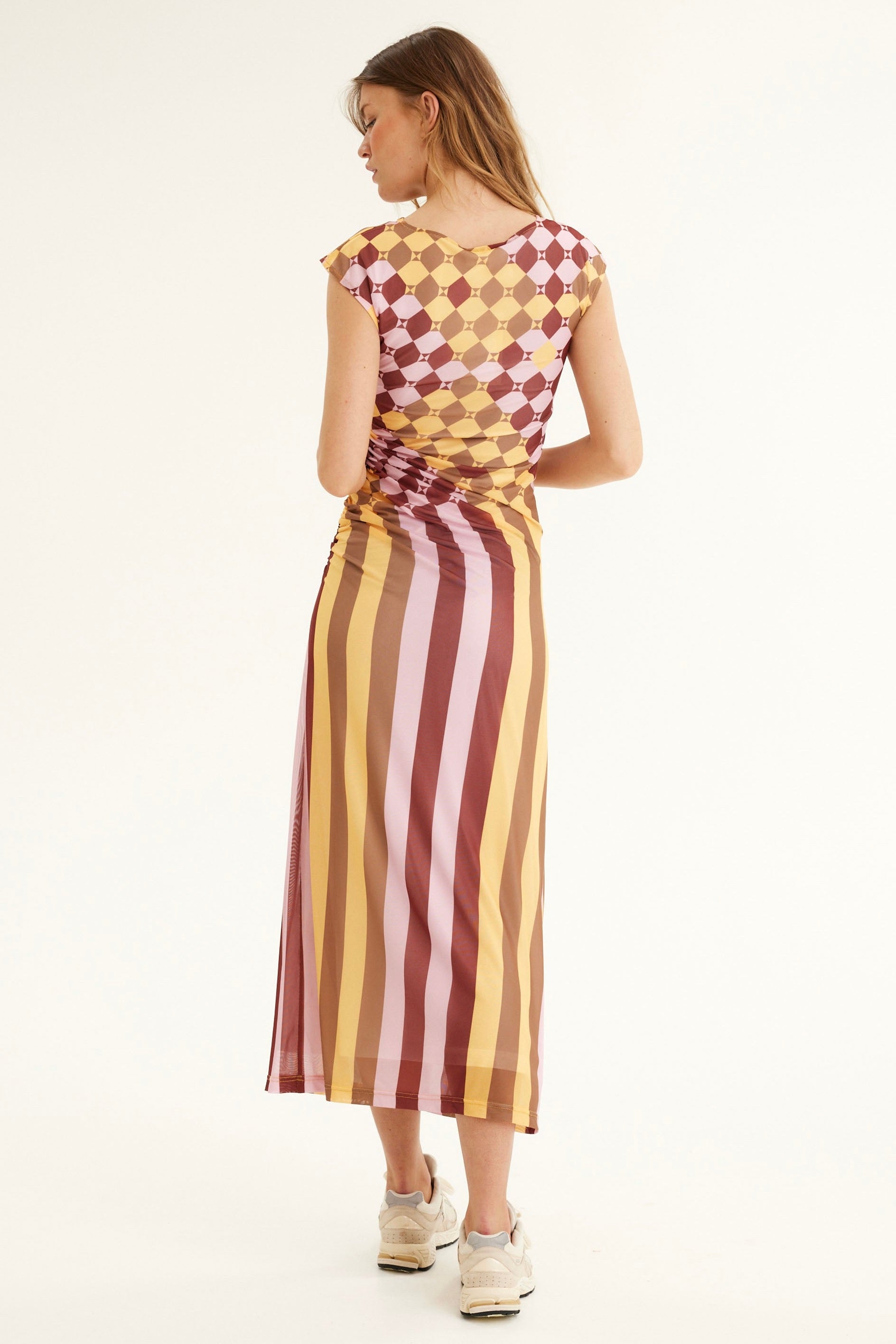 Ike Pink Stripe Check Midi Mesh Dress - Flowy Summer Party Dress for Women, Beach Cover Up, Boho Chic Outfit for Date Night & Vacation