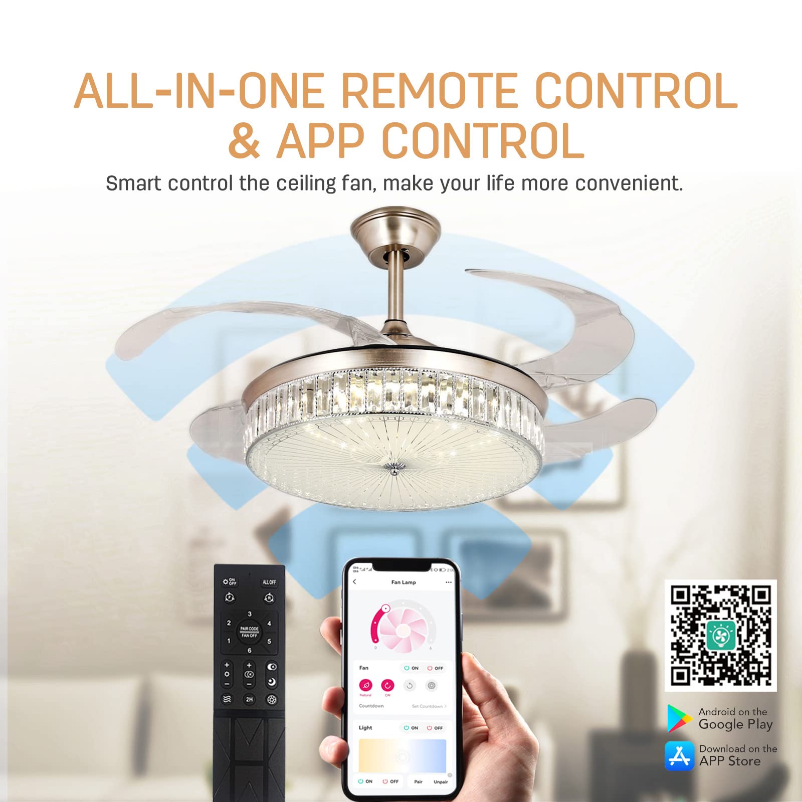 STERREN 42 Inch Crystal Bladeless Ceiling Fan with LED Light - Modern Retractable Flush Mount Low Profile Chandelier Fan with Remote Control - Perfect for Bedroom, Living Room, Dining Room & Office Spaces