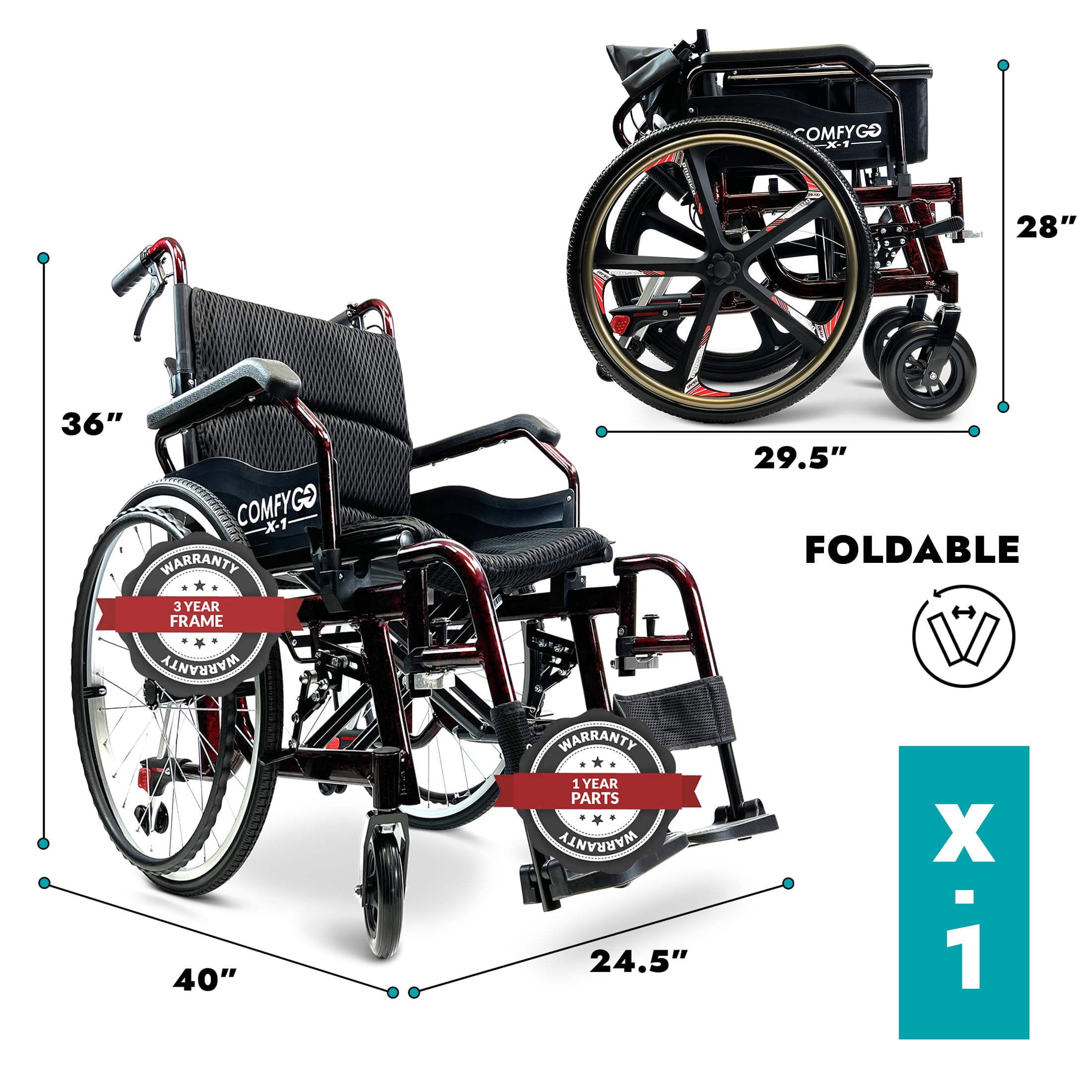 Ultra Lightweight Foldable Manual Transport Wheelchair for Adults - 17.5 Inch Ergonomic Seat, Adjustable Leg Rests & Wide All-Terrain Wheels - Portable Medical Wheelchair (Red) - Perfect for Travel, Hospitals, and Outdoor Mobility