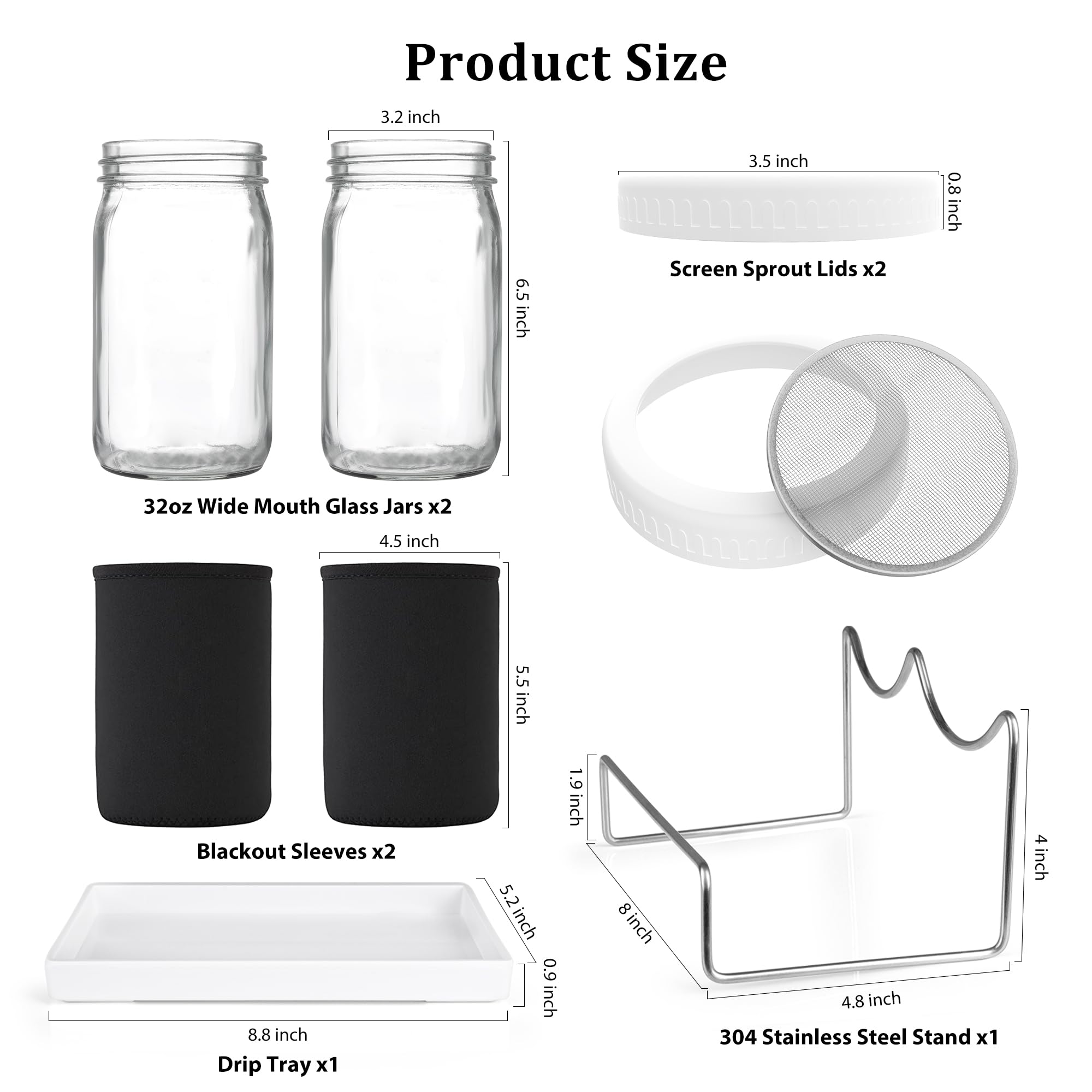 Organic Seed Sprouting Kit - 2 Wide Mouth Mason Jars with Mesh Lids, Blackout Sleeves & Drain Tray | Stainless Steel Stand for Growing Bean, Broccoli, Alfalfa Sprouts | Perfect for Home Gardening, Healthy Snacks & Vegan Recipes (White)