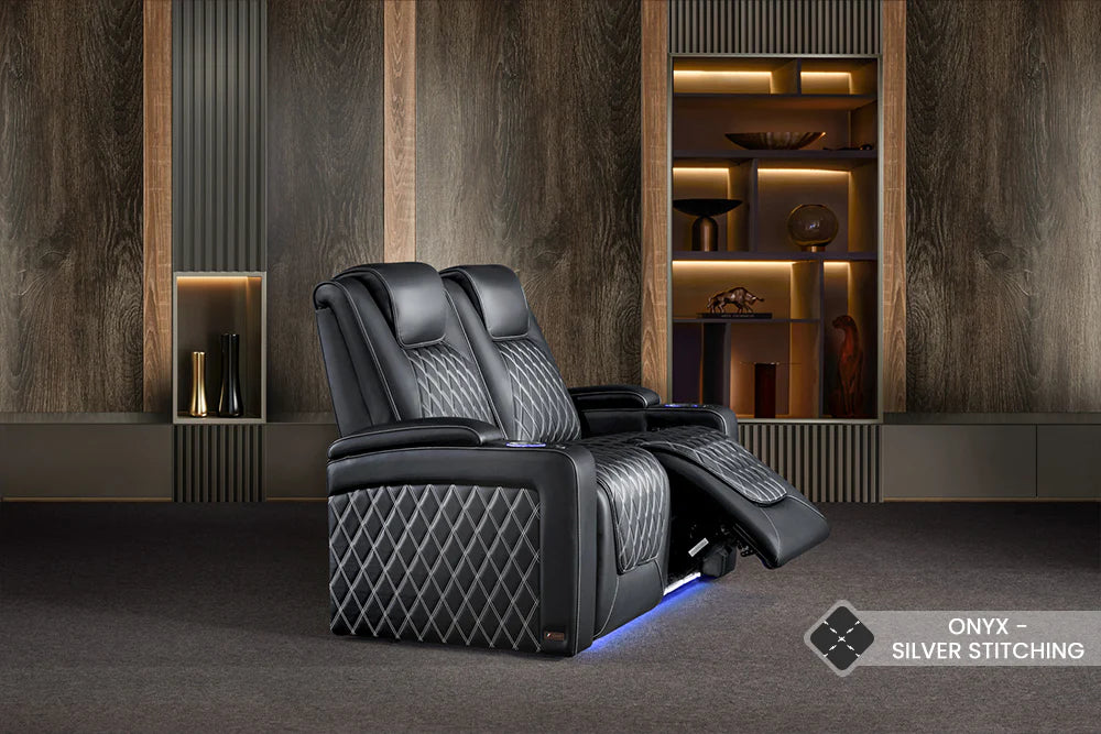 Luxury Oslo Genuine Leather Home Theater Seating Set of 2 - Valencia 2025 Collection, Onyx Black with Silver Stitching for Ultimate Comfort | Perfect for Home Cinemas, Media Rooms & Entertainment Spaces