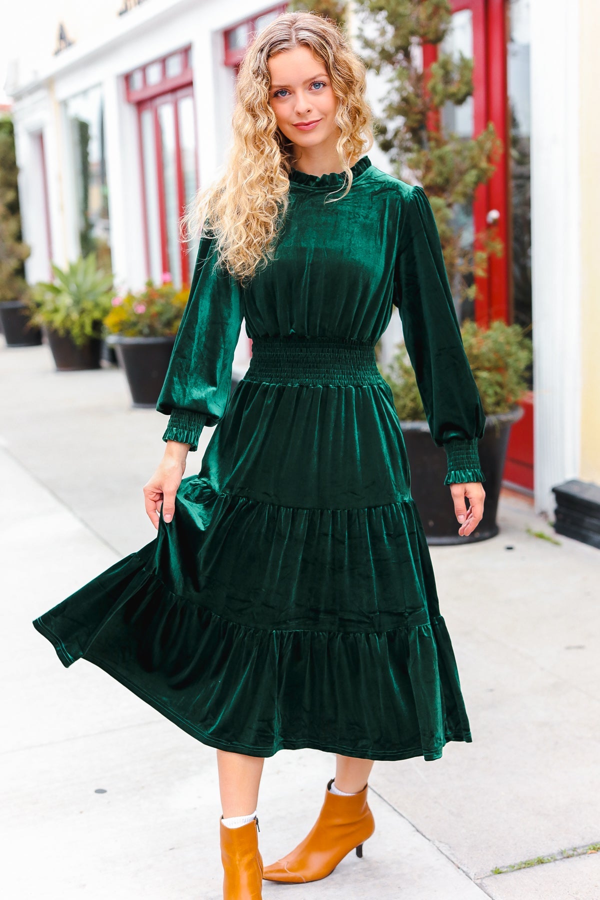 Holiday Dreaming Hunter Green Velvet Mock Neck Smocked Waist Dress for Women - Elegant Holiday Party & Christmas Dinner Outfit