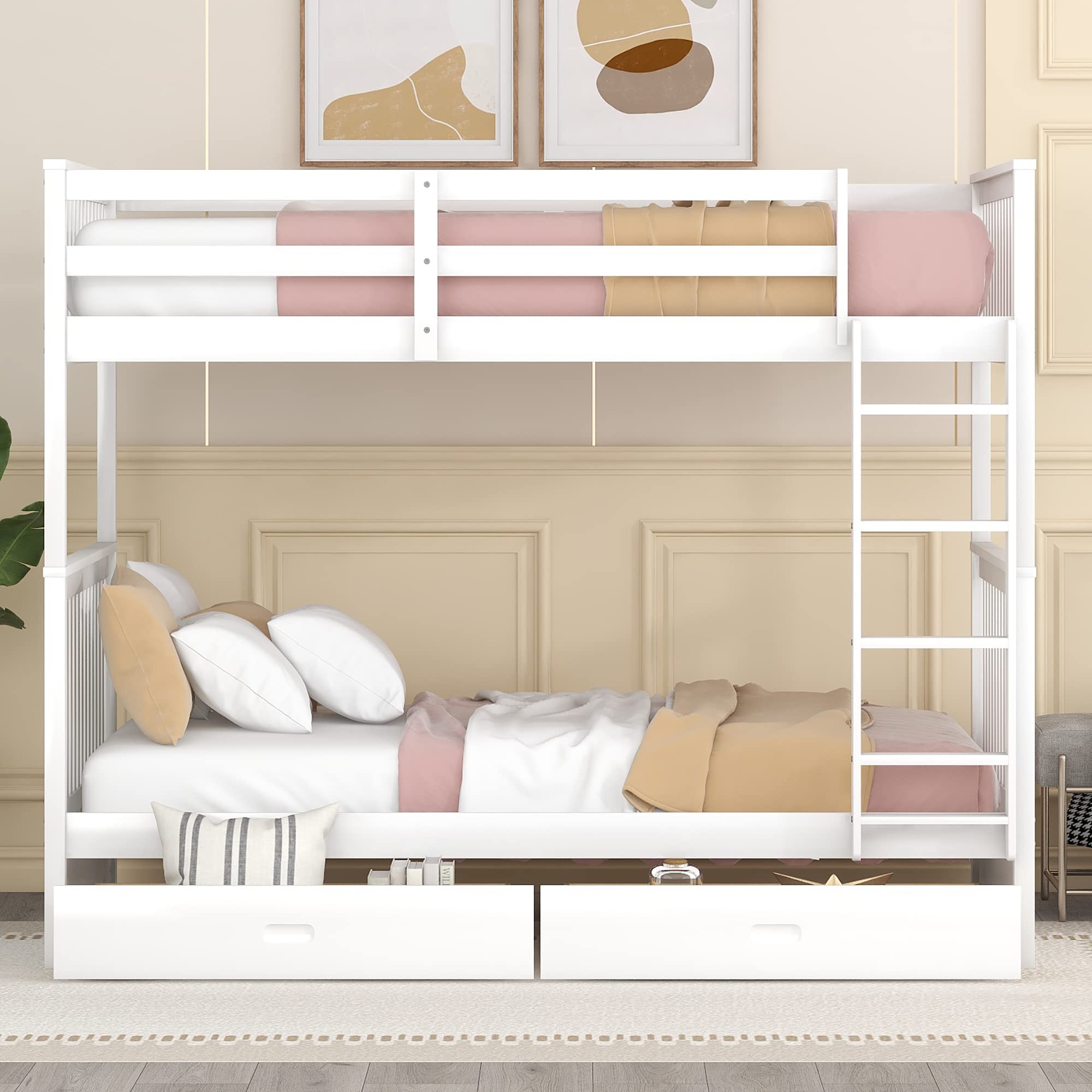 Harper & Bright Designs Twin Over Twin Bunk Bed with Storage Drawers - Solid Wood Bunk Bed Frame with Ladders for Kids, Teens & Adults - White - Perfect for Small Bedrooms, Guest Rooms & Vacation Homes
