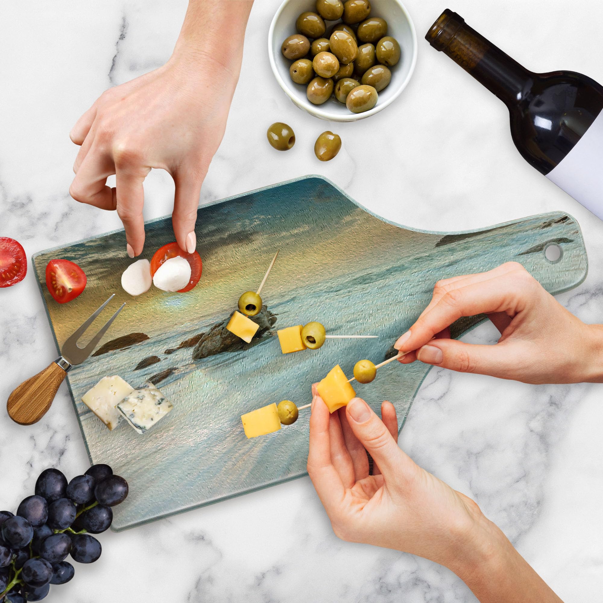 Ambesonne Beach-Themed Tempered Glass Cutting Board - Grand Sea Waves & Horizon Sky Design - Decorative Serving Board for Cheese, Charcuterie & Wine - Cream Blue White - Perfect for Beach Parties, Picnics & Holiday Entertaining
