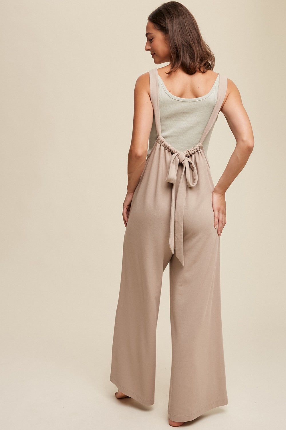 Beige Ribbed Drawstring Wide Leg Jumpsuit for Women - Comfortable Casual One Piece Romper with Pockets | Perfect for Summer Outfits, Beach Vacations & Lounge Wear