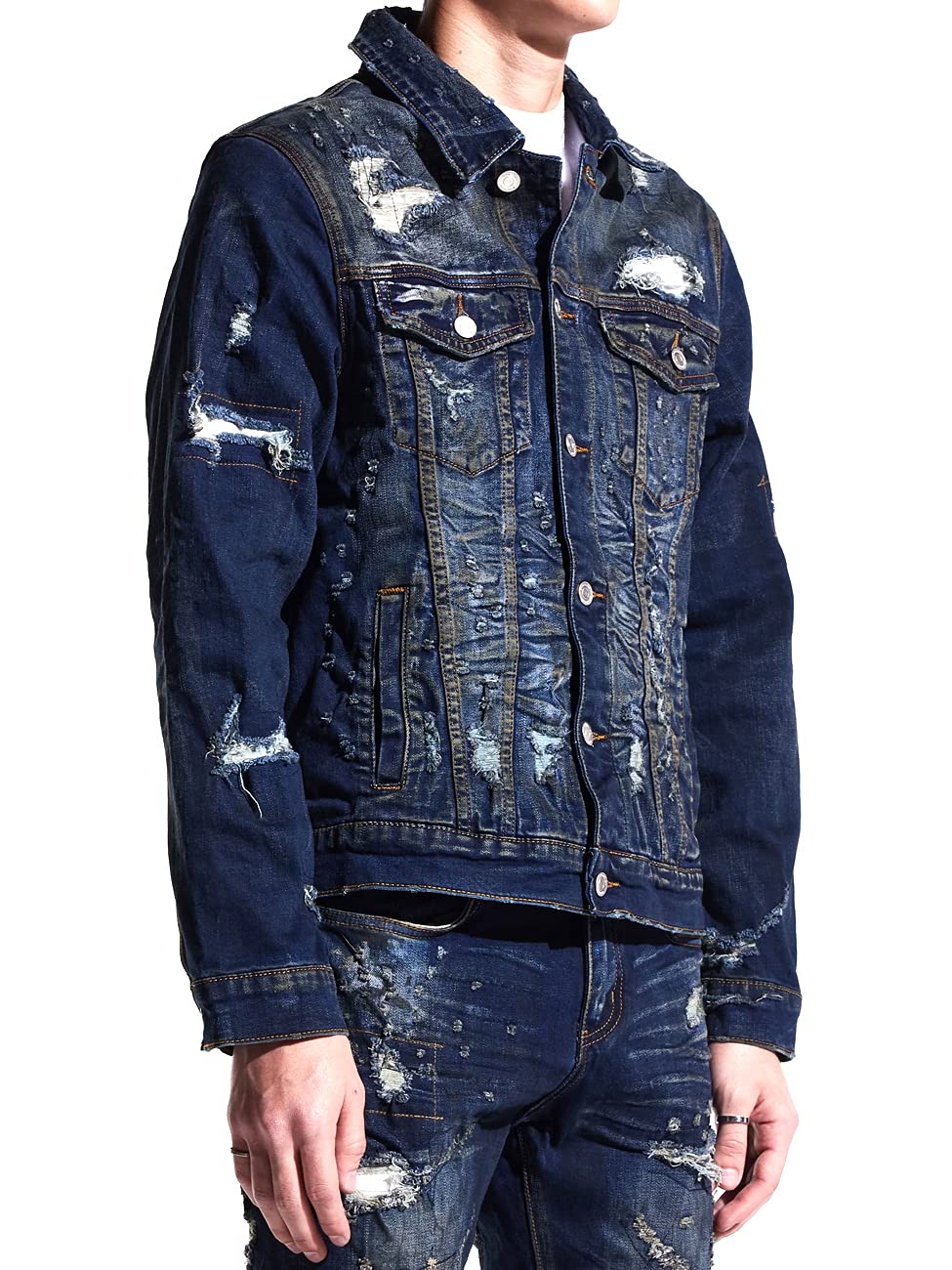 Embellish Ambrose Men’s Distressed Washed Denim Jacket - Dark Indigo Slim Fit Vintage Style for Casual Wear & Outdoor Activities