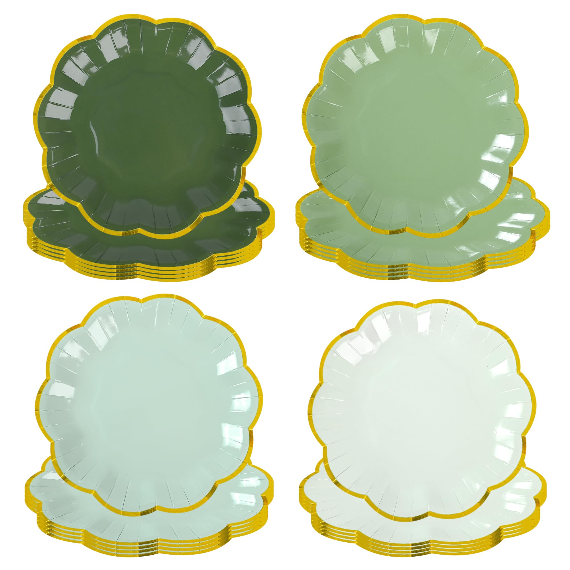 **Elegant Sage Green Disposable Cake Plates - 7 Inch Gold Foil Scalloped Edge Dessert Plates for Birthday, Bridal, Baby Shower & Wedding Party Supplies (24-Pack) - Perfect for Elegant Celebrations & Special Events**