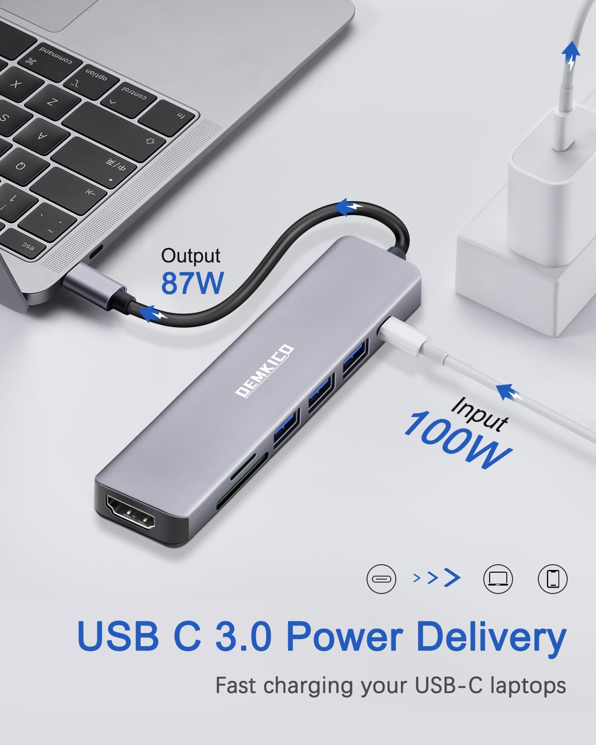 DEMKICO 7-in-1 USB C Hub Adapter with 4K HDMI, SD/TF Card Reader, 3 USB Ports, 87W PD Charging - Compatible with MacBook Pro/Air, XPS & USB C Devices - Perfect for Home Office, Travel & Multi-Screen Workstations