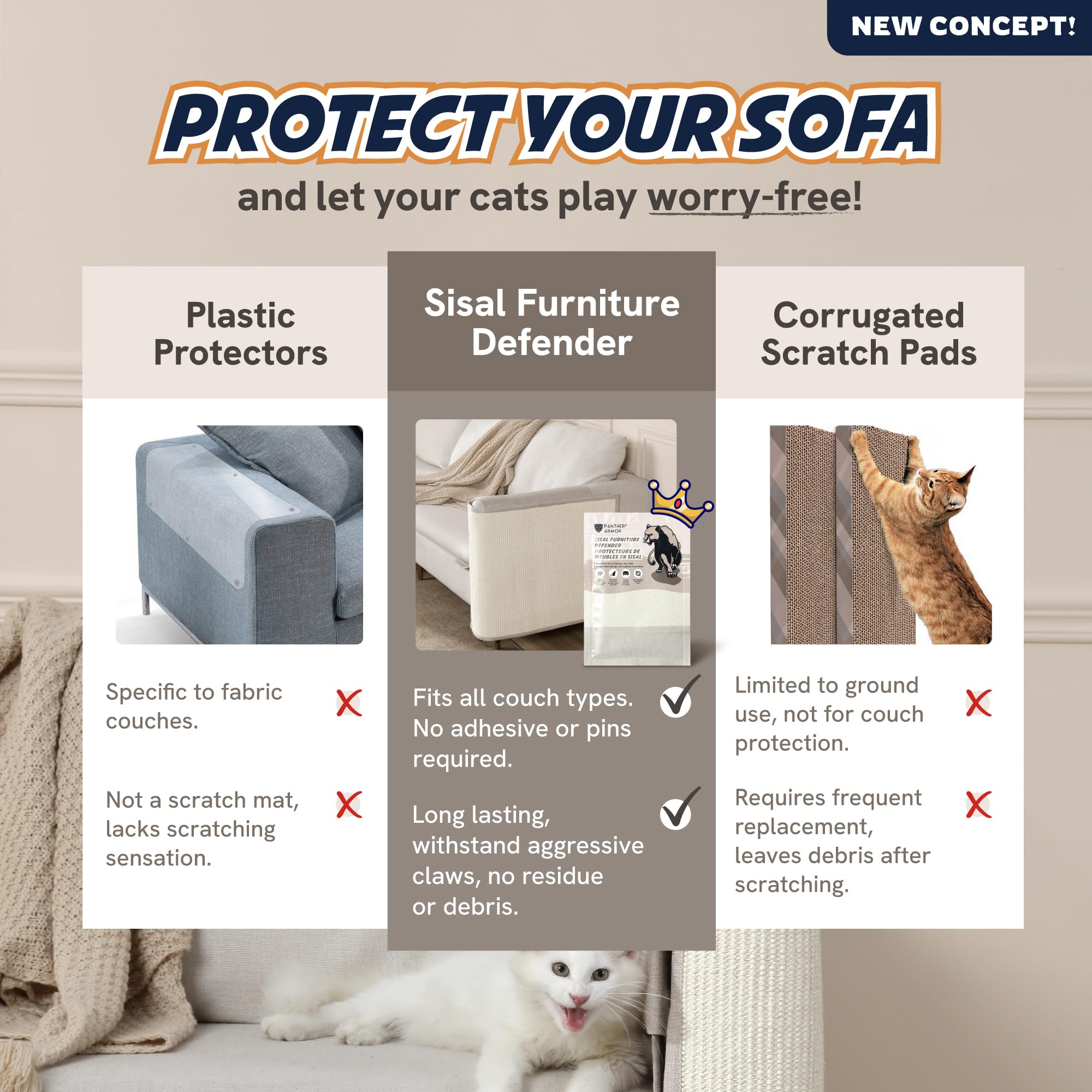 Premium 3-Piece Panther Armor Cat Scratch Mats Set for Couches - Left Arm, Right Arm & Backrest Protectors in Beige | Natural Sisal Furniture Protector | Durable Scratch Pads for Cats | Perfect for Living Room Sofa Protection & Cat Nail Care