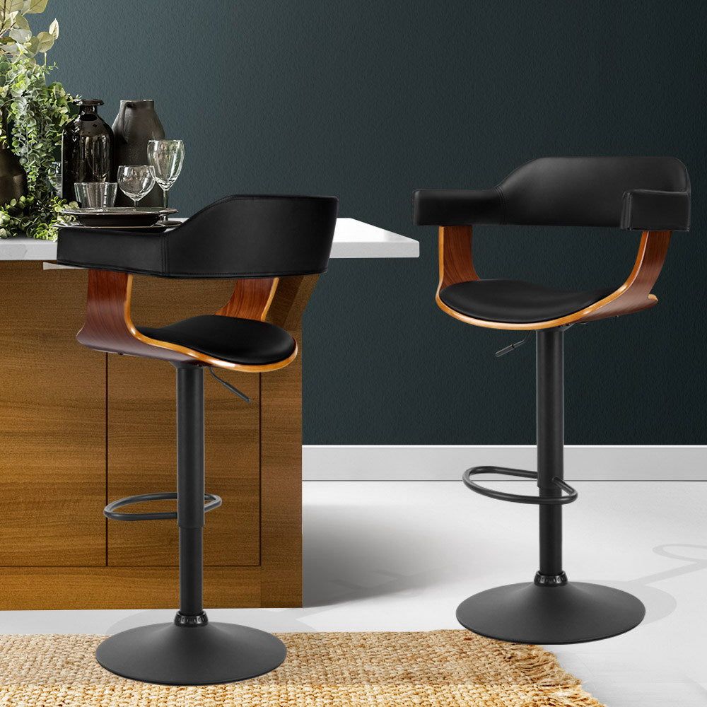 Adjustable Height Gas Lift Bar Stools with Armrests - Premium Black Leather Counter Stools for Kitchen Island, Dining Room & Home Bar