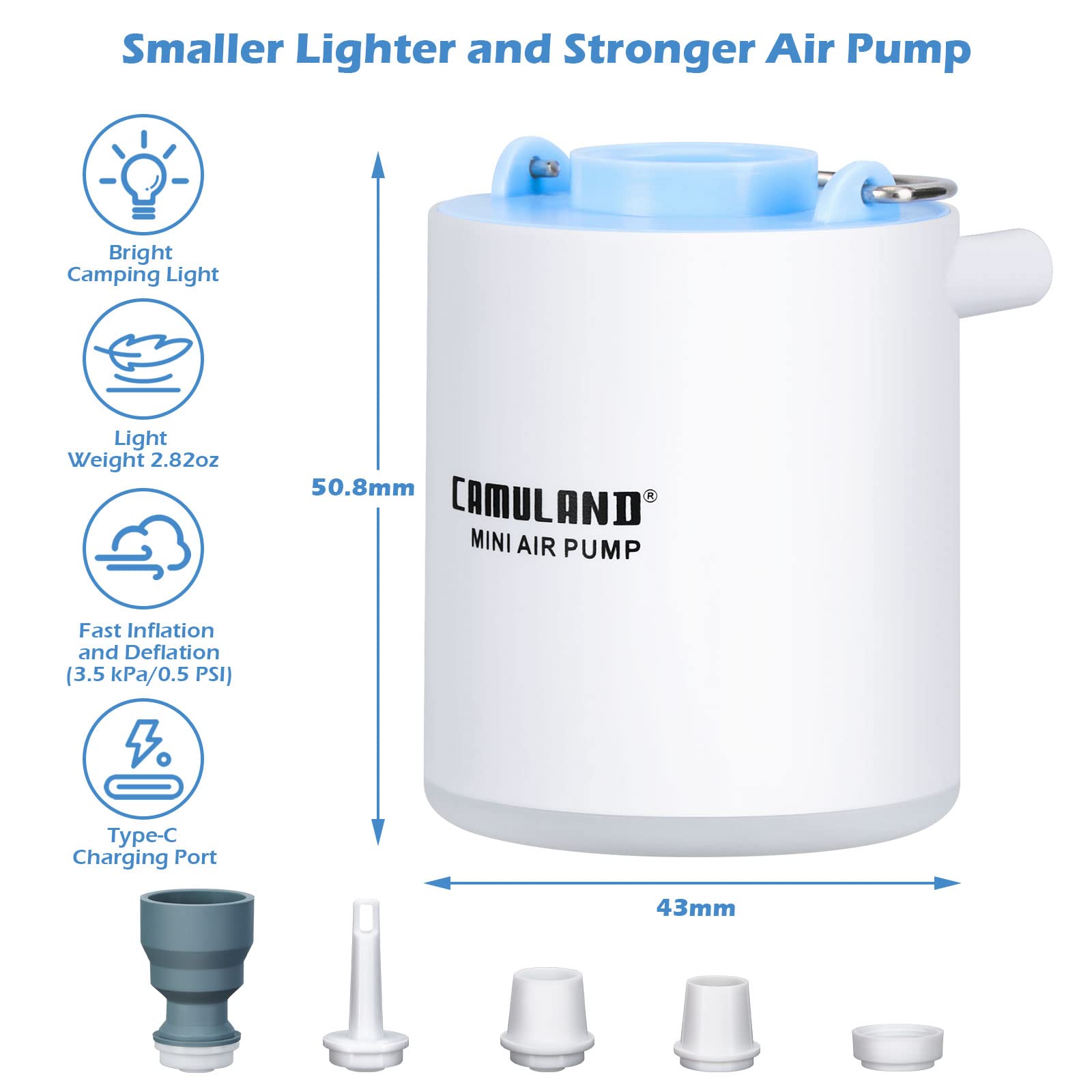 CAMULAND Mini Air Pump - Portable USB Rechargeable Inflator with 1300mAh Battery & 5 Nozzles - for Air Mattress, Pool Floats, Vacuum Storage Bags - Perfect for Camping, Travel, and Home Storage Organization