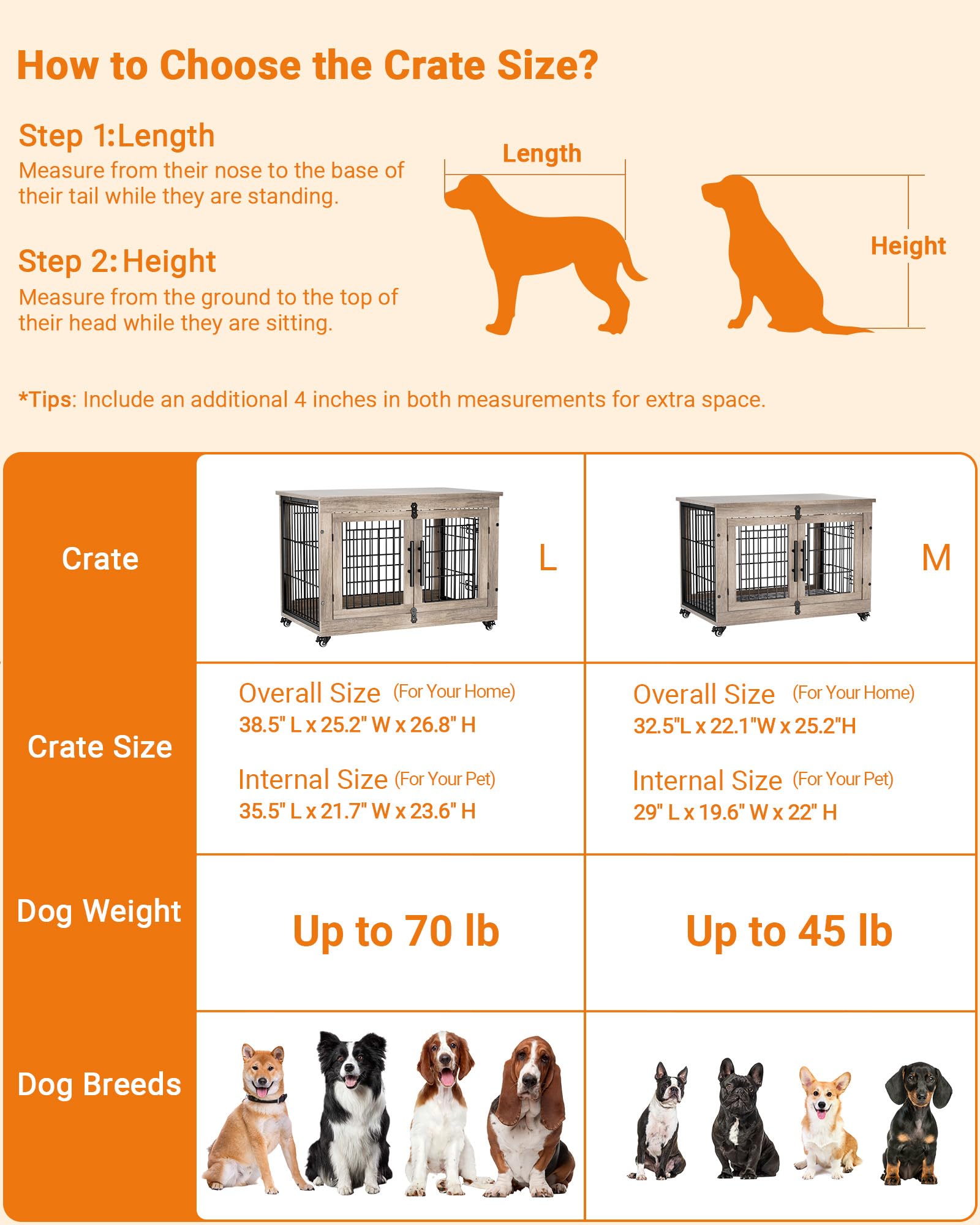 Premium Wooden Dog Crate Furniture with Cushion - Large Indoor Dog Kennel with Double Doors & Wheels - 38.5