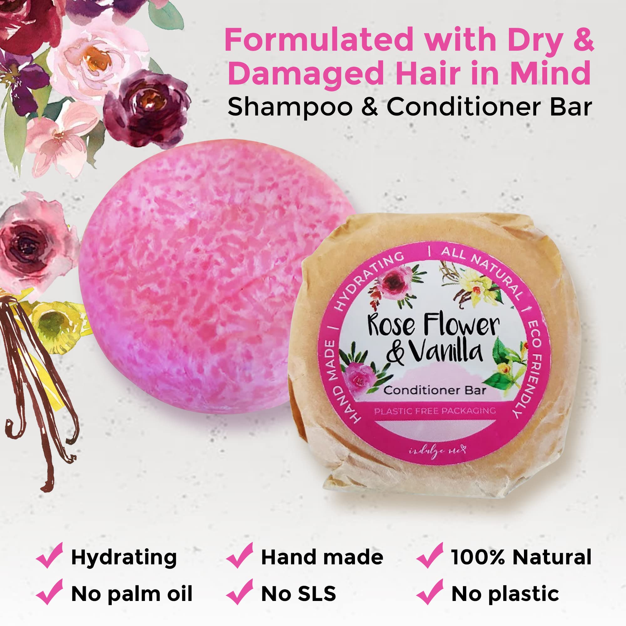 Eco-Friendly Solid Shampoo and Conditioner Bar Set - Natural Hair Care for Dry & Damaged Hair with Rose Vanilla Scent, Enriched with Jojoba & Argan Oils - Zero Waste, 3-in-1 Hydrating Formula (2 Bars) - Perfect for Travel, Camping & Sustainable Home Use