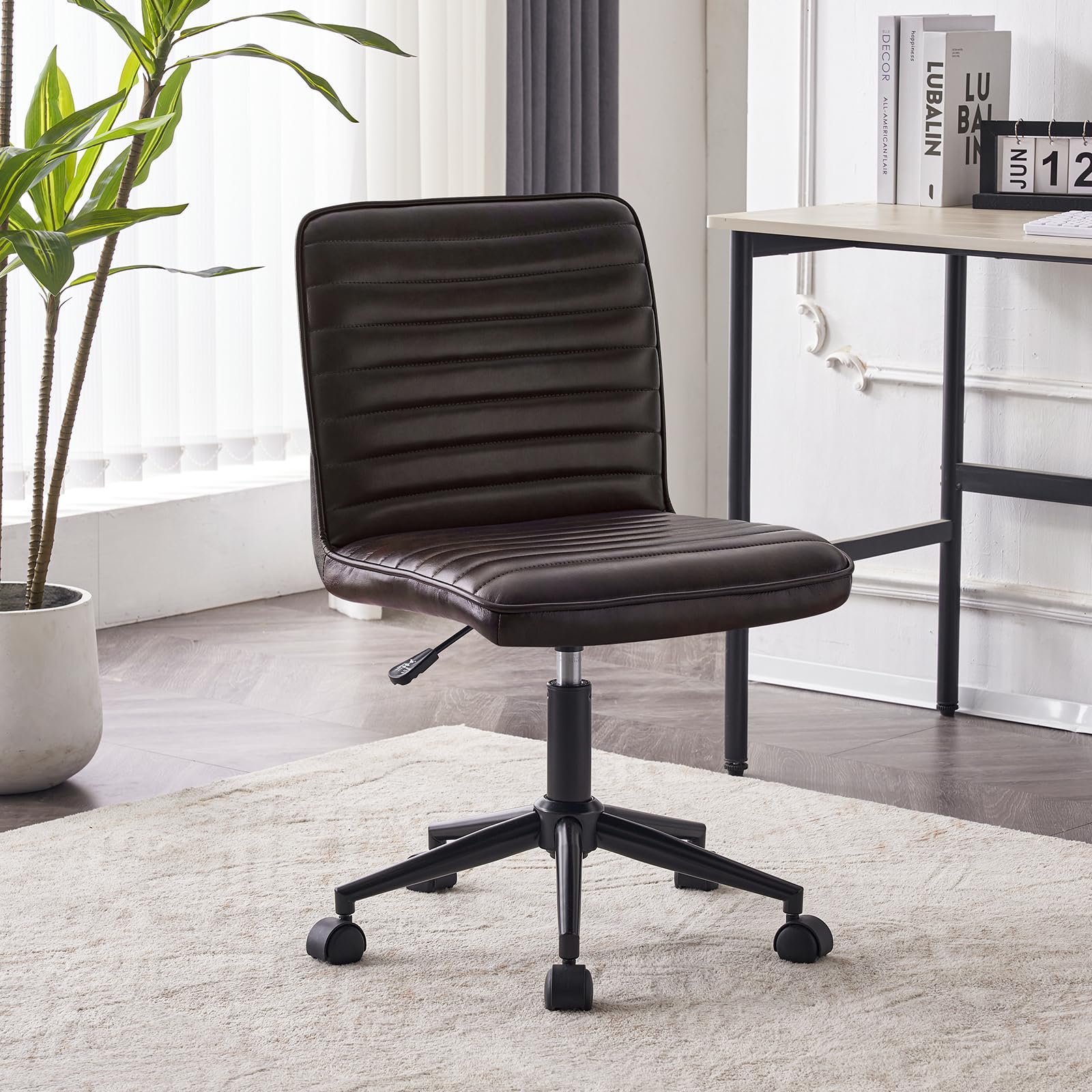 Furnimart Modern Armless Office Desk Chair - Genuine Leather Task Chair with Mid-Back Support, 360° Swivel & Height Adjustable - Ergonomic Home Office Chair for Small Spaces (Black/Brown) - Perfect for Home Offices, Study Rooms & Workspaces