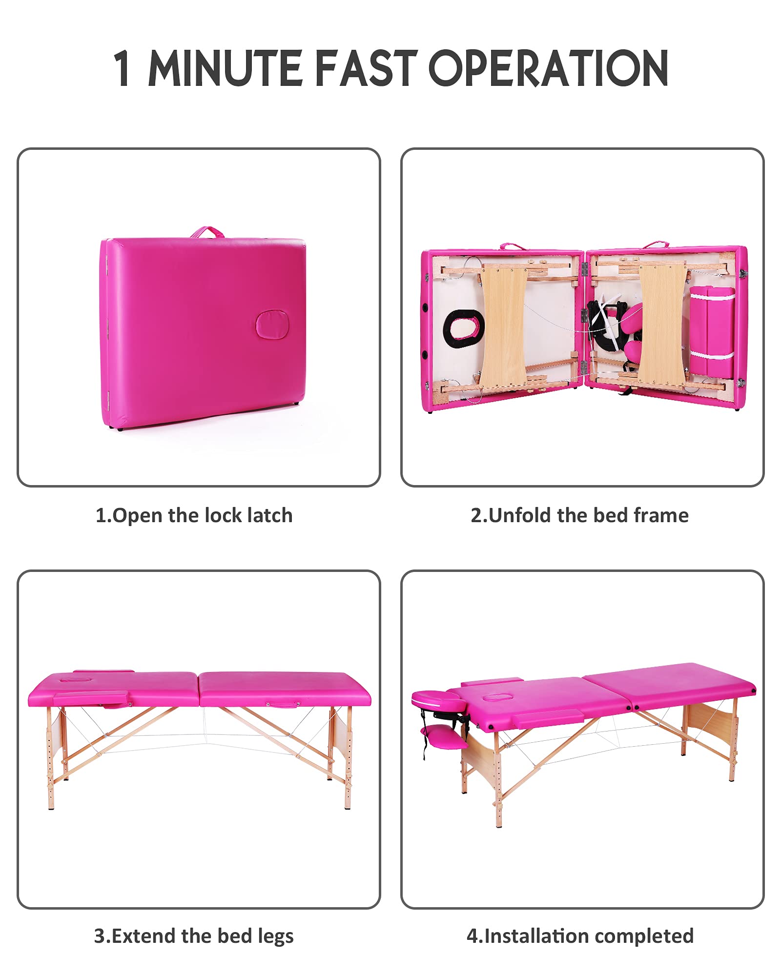 Portable Massage Table 84 Inch - Adjustable Height Folding Spa Bed for Lash Extensions, Massage Therapy & Facial Treatments - 496LBS Weight Capacity - Pink Wooden Design - Perfect for Salons, Spas & Home Use