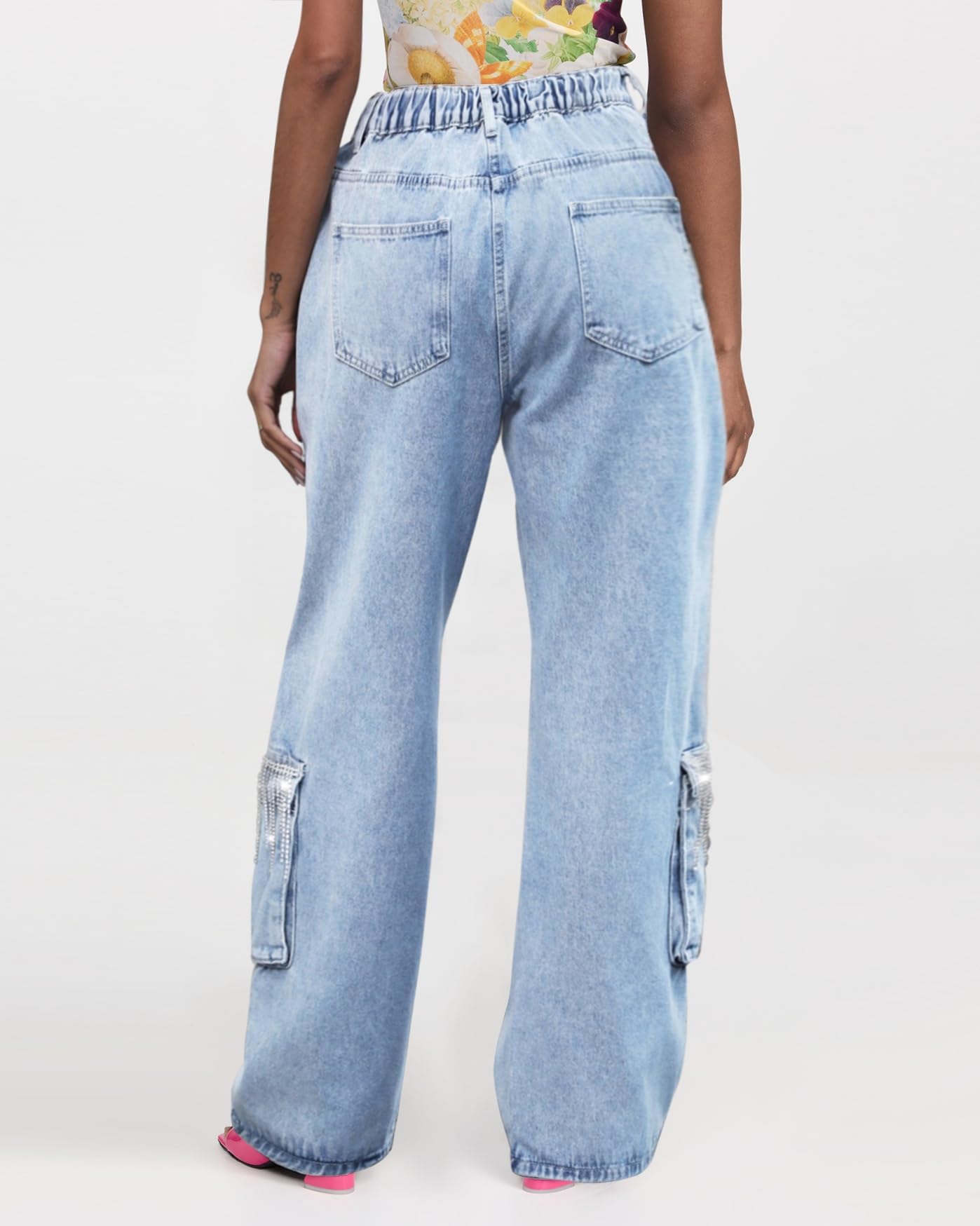 Sparkly Glitter Fringe Cargo Denim Jeans for Women - Rhinestone Tassel Wide Leg Pants | Nashville Style for Concerts, Parties & Night Out