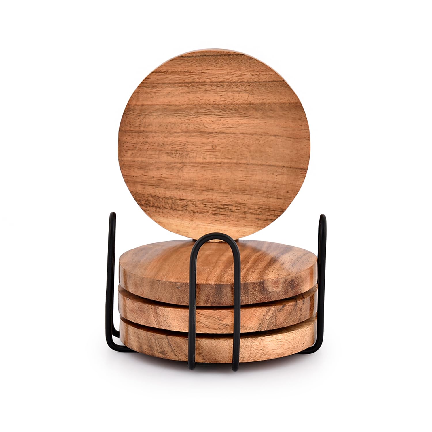 Premium Acacia Wood Drink Coasters Set of 4 with Iron Holder Stand - Natural Wooden Coasters for Coffee Tables, Bars & Home Decor - Protect Your Furniture from Water Rings & Heat Stains (Ideal for Coffee, Wine & Cocktail Parties)