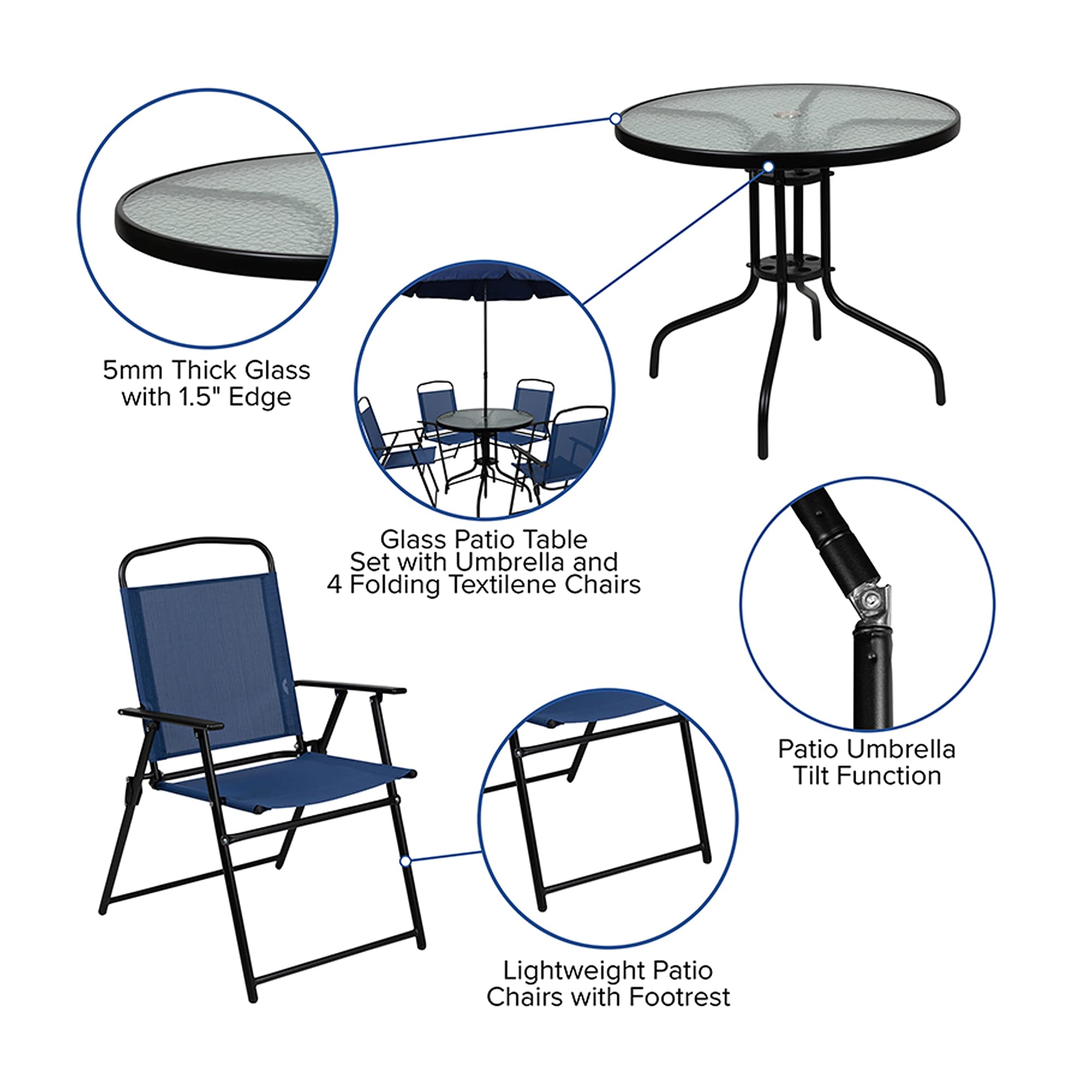 Flash Furniture Nantucket 6-Piece Patio Dining Set with Tempered Glass Table, 4 Folding Chairs & Sun Umbrella - Navy Blue Outdoor Furniture for Backyard, Garden, Poolside & Deck Dining