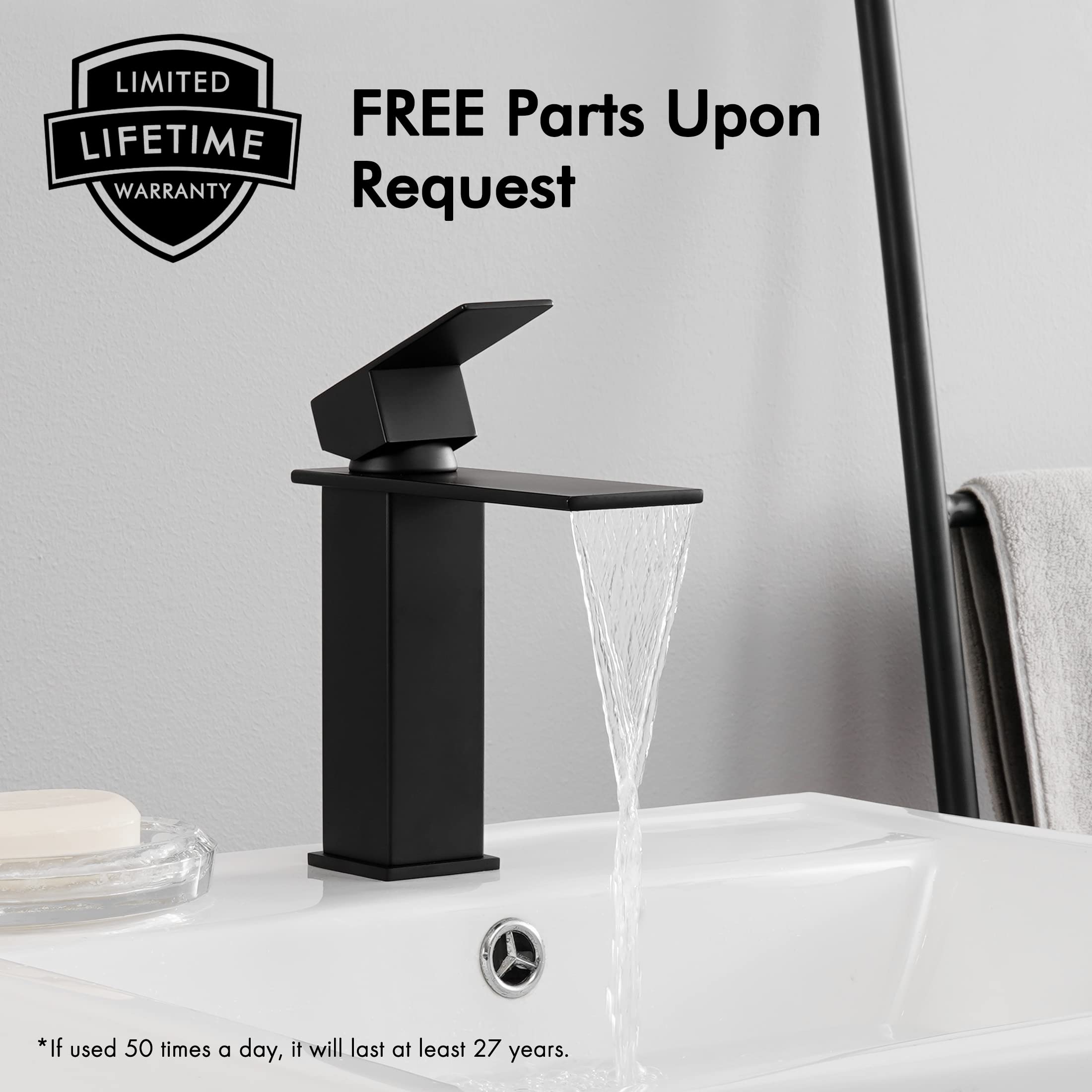 KES Single Hole Black Bathroom Sink Faucet - Waterfall Spout with Supply Lines, SUS304 Stainless Steel (Model L3158ALF-BK) - Perfect for Modern Bathroom Vanities and Powder Rooms