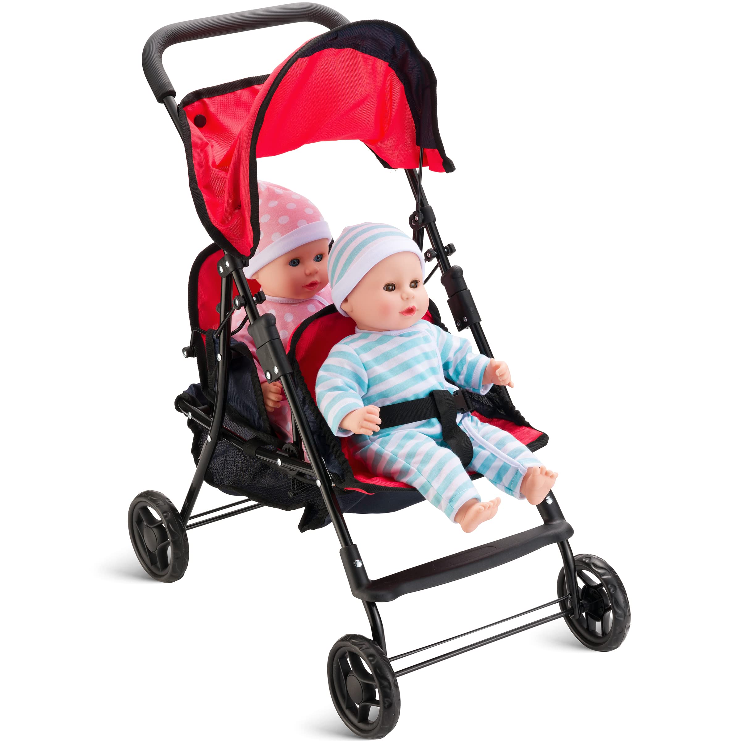 Hushlily® Tandem Double Doll Stroller for Kids - Adjustable Canopy & Storage Basket, Foldable Design with Smooth Rolling Wheels - Perfect for Indoor Play, Outdoor Walks & Doll Care Pretend Play (Red & Blue)