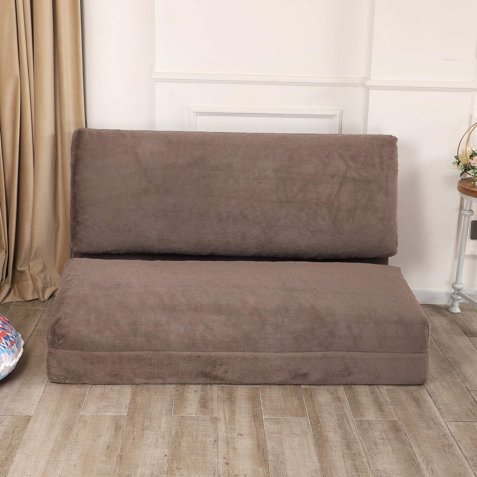 Fluffy Soft Bean Bag Sofa Bed - Extra Wide Foldable Floor Mattress with Washable Faux Fur Cover (Brown, Large) - Perfect for Living Room Lounging, Kids Playroom & Dorm Room Relaxation
