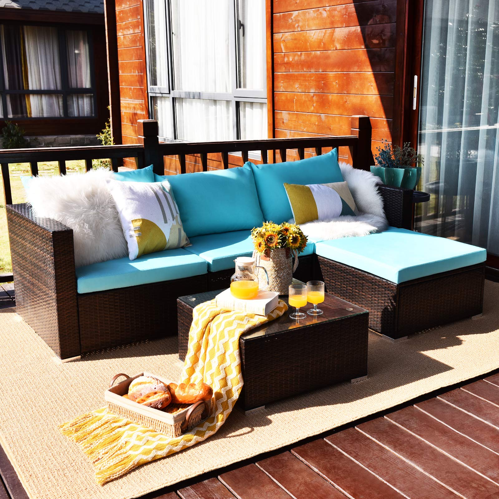 Tangkula 5-Piece Outdoor Patio Furniture Set - Sturdy Wicker Sectional Sofa with Glass Top Coffee Table, 360lb Weight Capacity - Turquoise Patio, Garden & Poolside Furniture for 4 People - Perfect for Backyard Relaxation, Outdoor Entertaining & Pool Parties