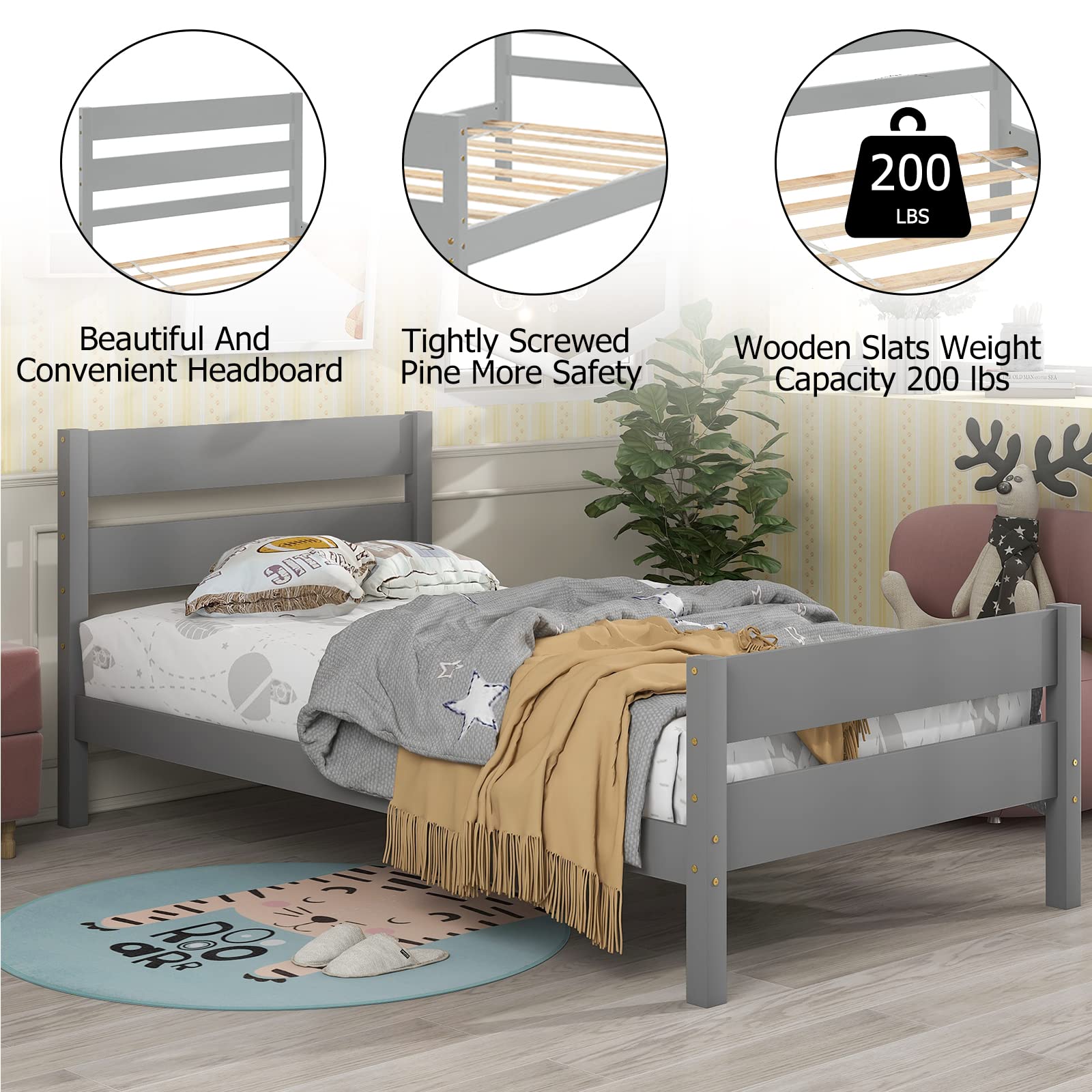 Pvillez Twin Size Wooden Bed Frame with Headboard & Footboard - Sturdy Platform Bed for Kids, No Box Spring Needed, Includes Storage Space - Perfect for Boys & Girls Bedrooms (Gray)