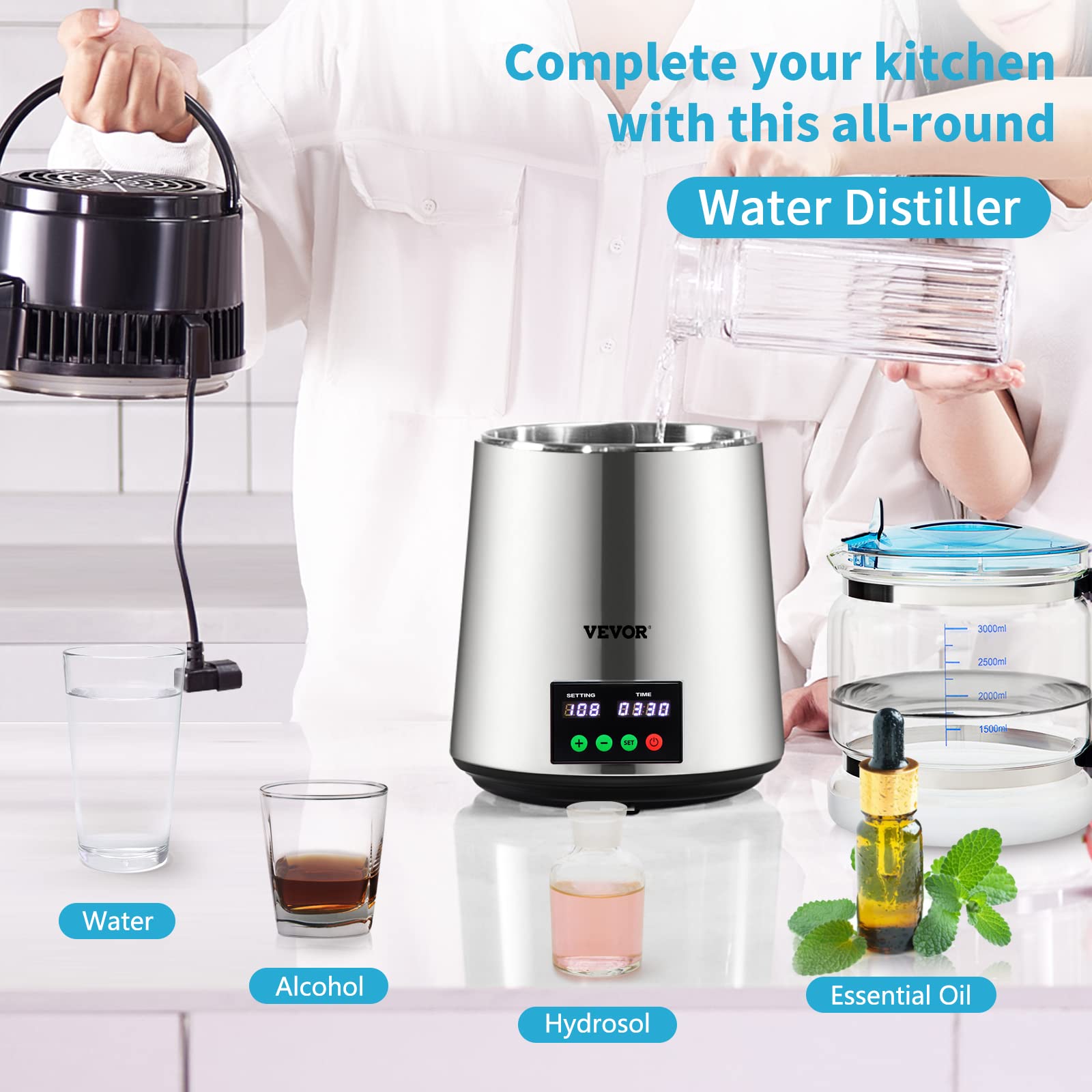 VEVOR 1.1 Gallon Countertop Water Distiller Machine - 750W Stainless Steel with Glass Carafe, 0.3 Gal/Hour Output & Digital Display - Includes Cleaning Powder & 3 Carbon Filters for Home, Office, or Emergency Preparedness
