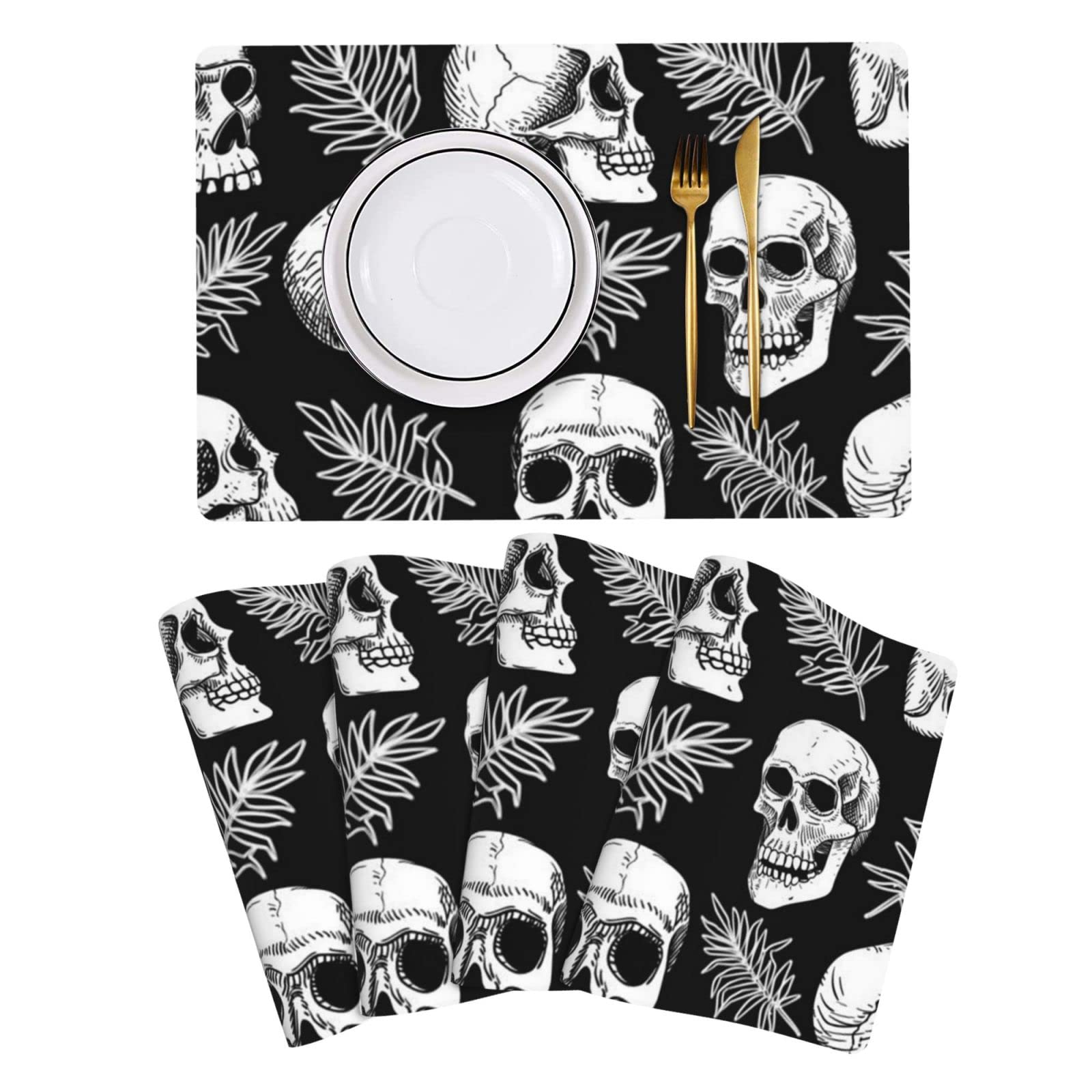 Premium PU Leather Placemats Set of 4 - Skull Pattern Waterproof Non-Slip Table Mats for Kitchen, Dining Table, Conference Room & Office Use