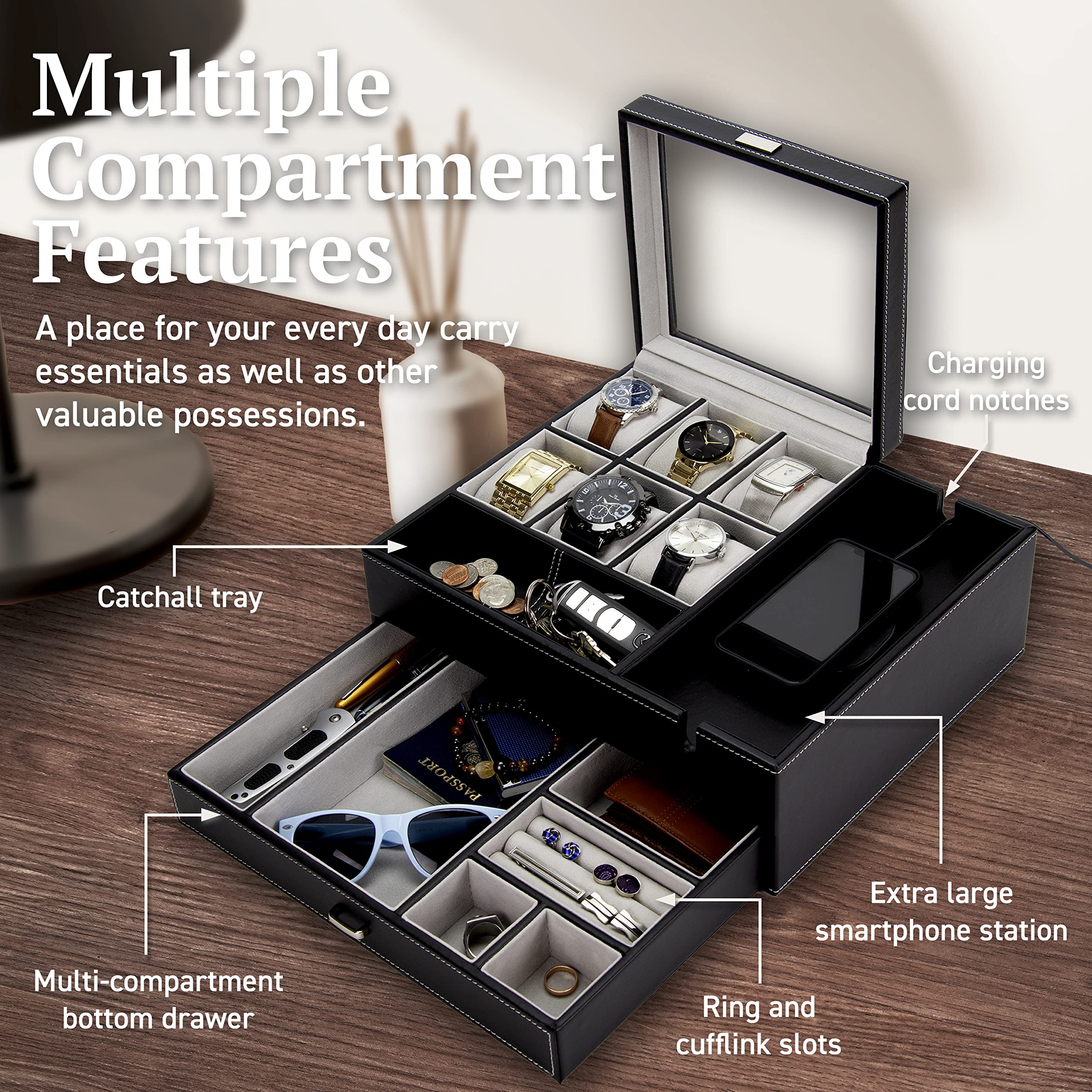 HOUNDSBAY Men's Watch Box & Jewelry Organizer - Display Case & Valet Tray for Nightstand