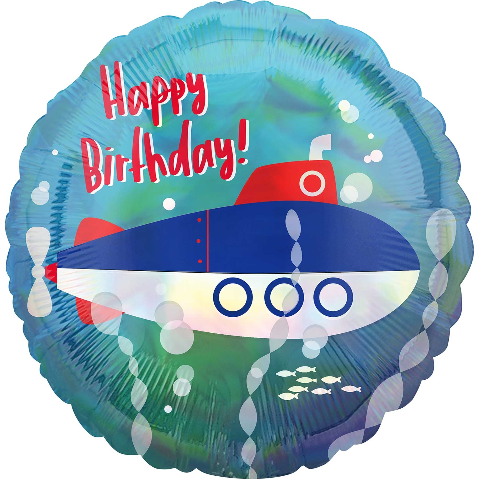45cm Standard Holographic Iridescent Submarine Happy Birthday Balloon - Party Decorations for Underwater Theme Birthday Celebrations