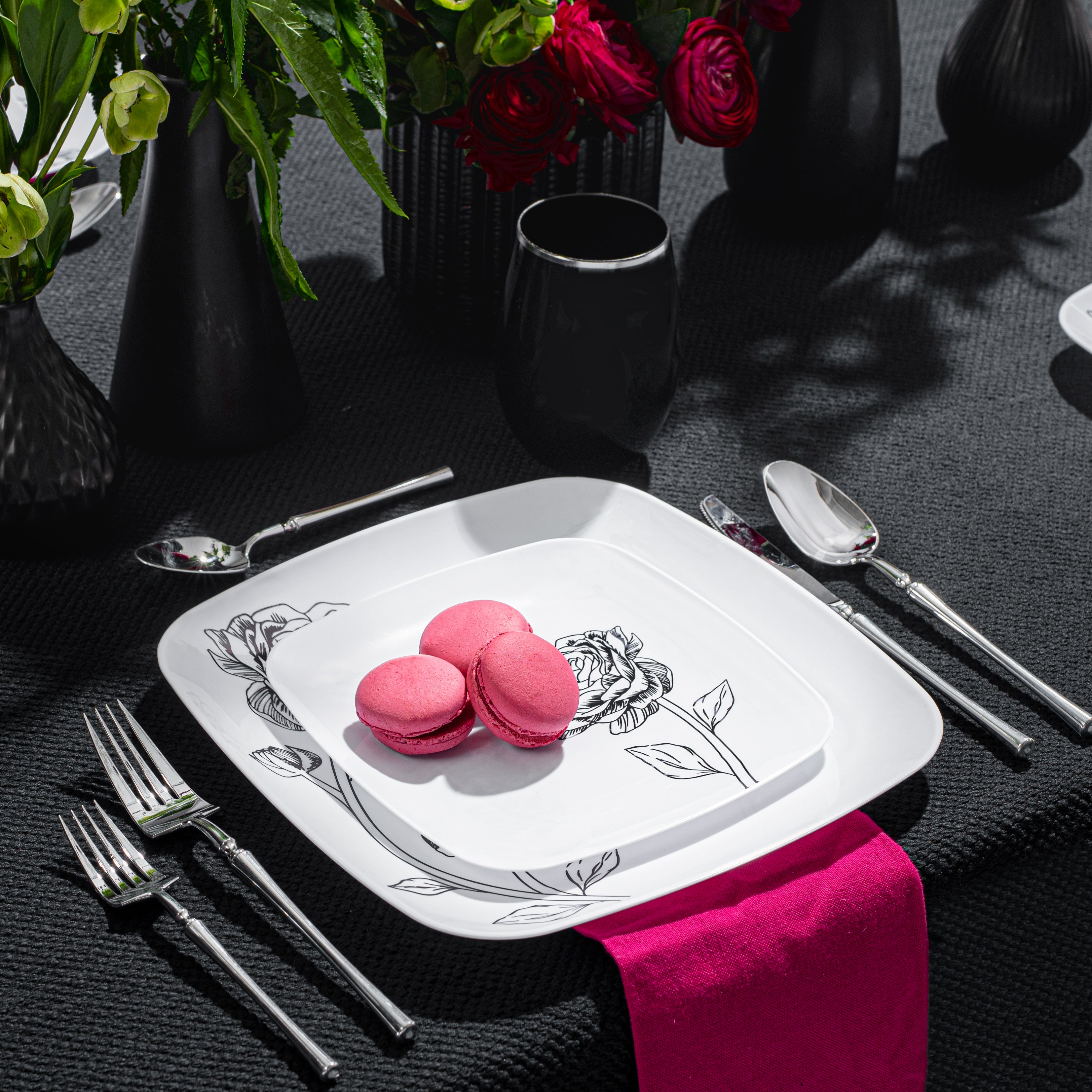 32-Piece White and Black Square Plastic Dinnerware Set - 16 Place Settings - Durable Melamine Dinner Plates, Bowls, Cups & Utensils - Perfect for Outdoor Picnics, BBQs, Parties and Everyday Use