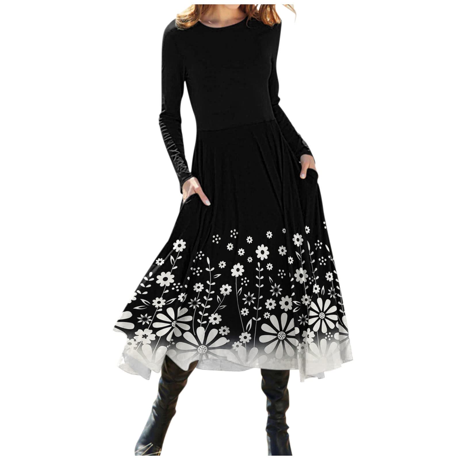 Boho Fall Dresses for Women - High Waist Long Sleeve Swing Dress with Flowy Design | Casual & Party Wear | Perfect for Autumn Outings, Date Nights and Office Attire