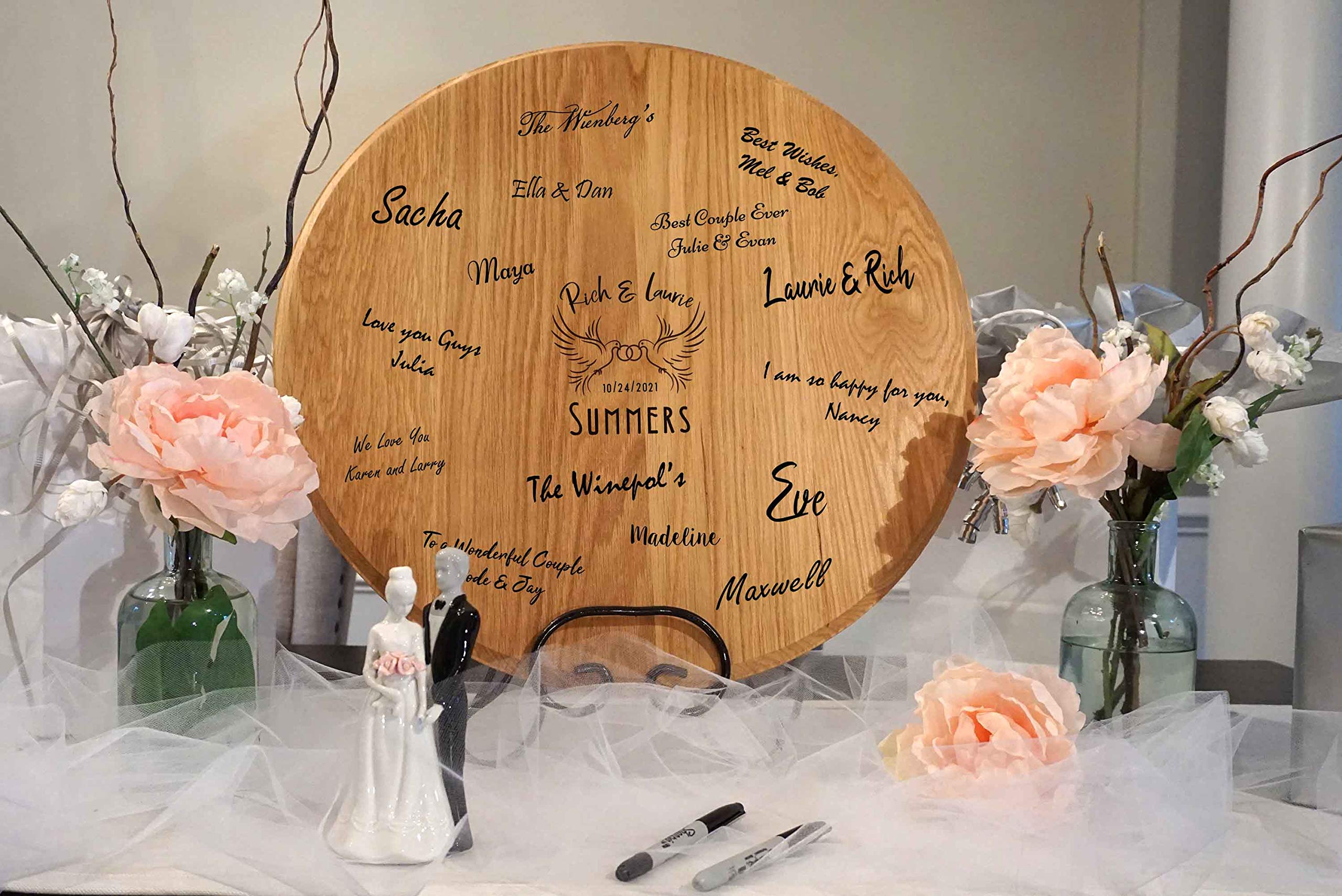 Personalized Wedding Barrel Head with Wrought Iron Stand - Unique Guest Book Alternative for Winery & Whiskey Themed Weddings (B257) | Rustic Wedding Decor, Anniversary Gift, Home Bar Signage