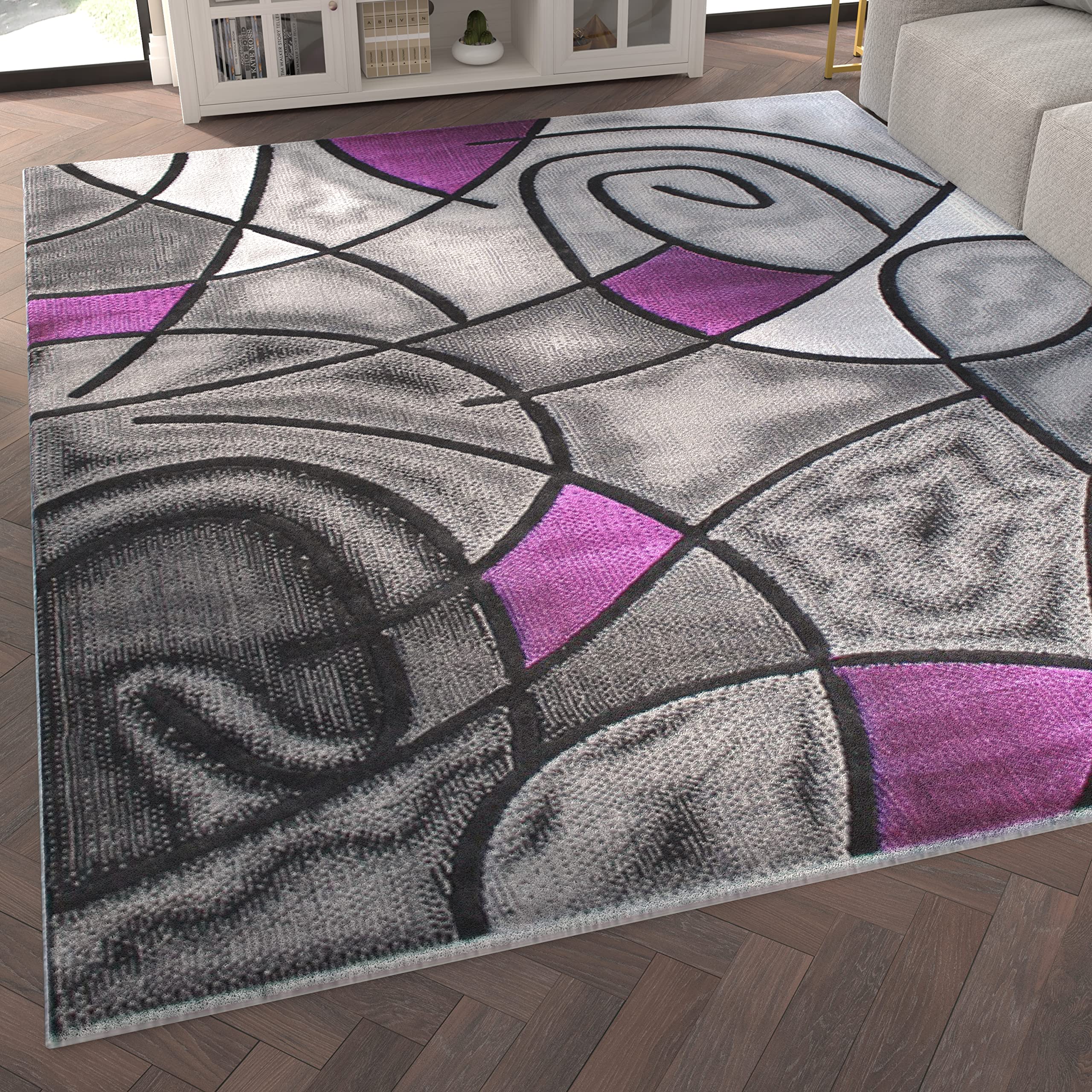 EMMA + OLIVER Urbane Plush Olefin Accent Rug - Abstract Geometric Pattern in Gradient Gray with Purple Accents - 8x10 - Stain & Moisture Resistant - Perfect for Living Room, Bedroom or Office Decor