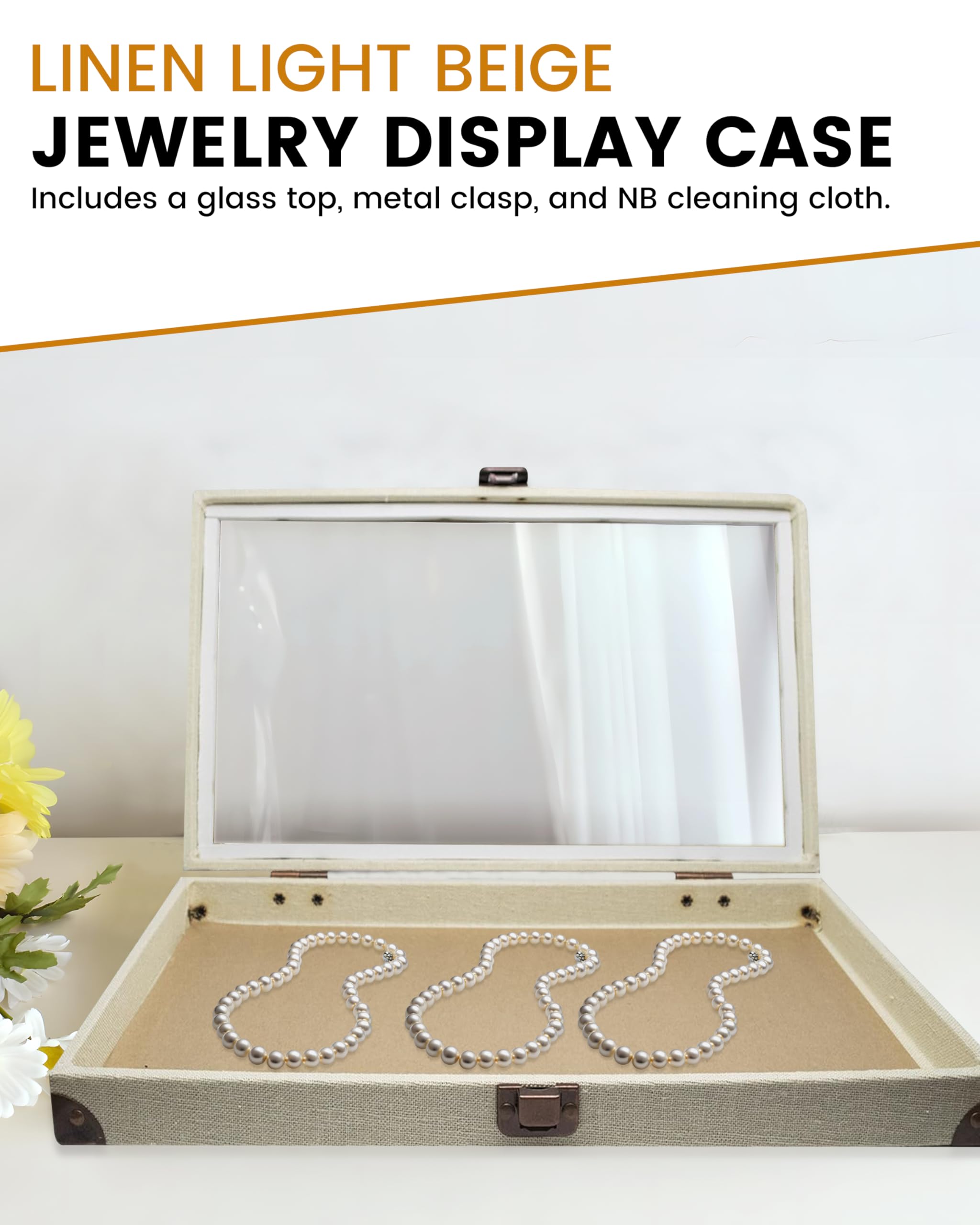 Premium Linen Light Beige Jewelry Display Case with Glass Lid - 14.75x8.25x2.1 Inch Large Collectible Storage Box for Necklaces, Rings & Gemstones - Perfect for Showcasing Jewelry Collections, Rocks & Precious Stones at Home or Retail Stores