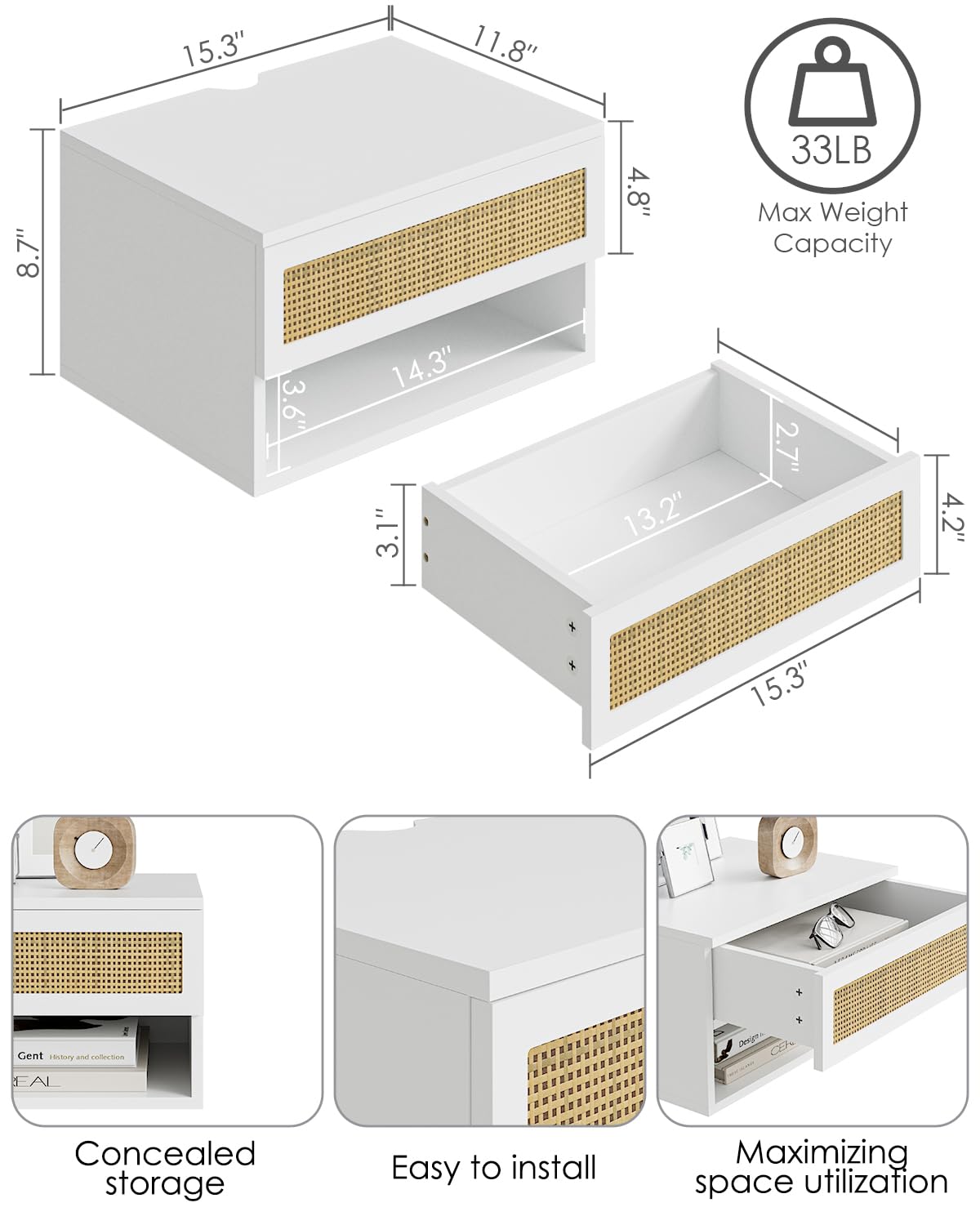 Modern White Rattan Nightstand with Drawer & Floating Shelves - Small Bedside Table for Bedroom, Bathroom, Living Room | Perfect for Storage & Home Decor