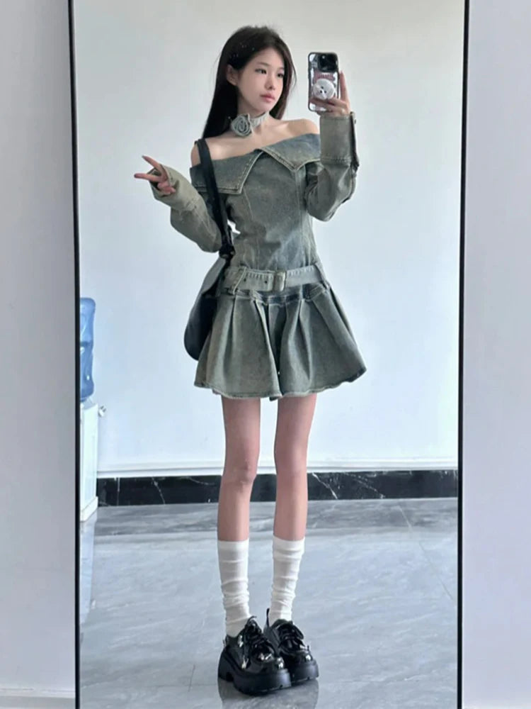 Vintage Chic Slash Neck Long Sleeve Mini Denim Dress for Women - Washed Casual Spring Fashion - Perfect for Date Night, Brunch & Weekend Outings