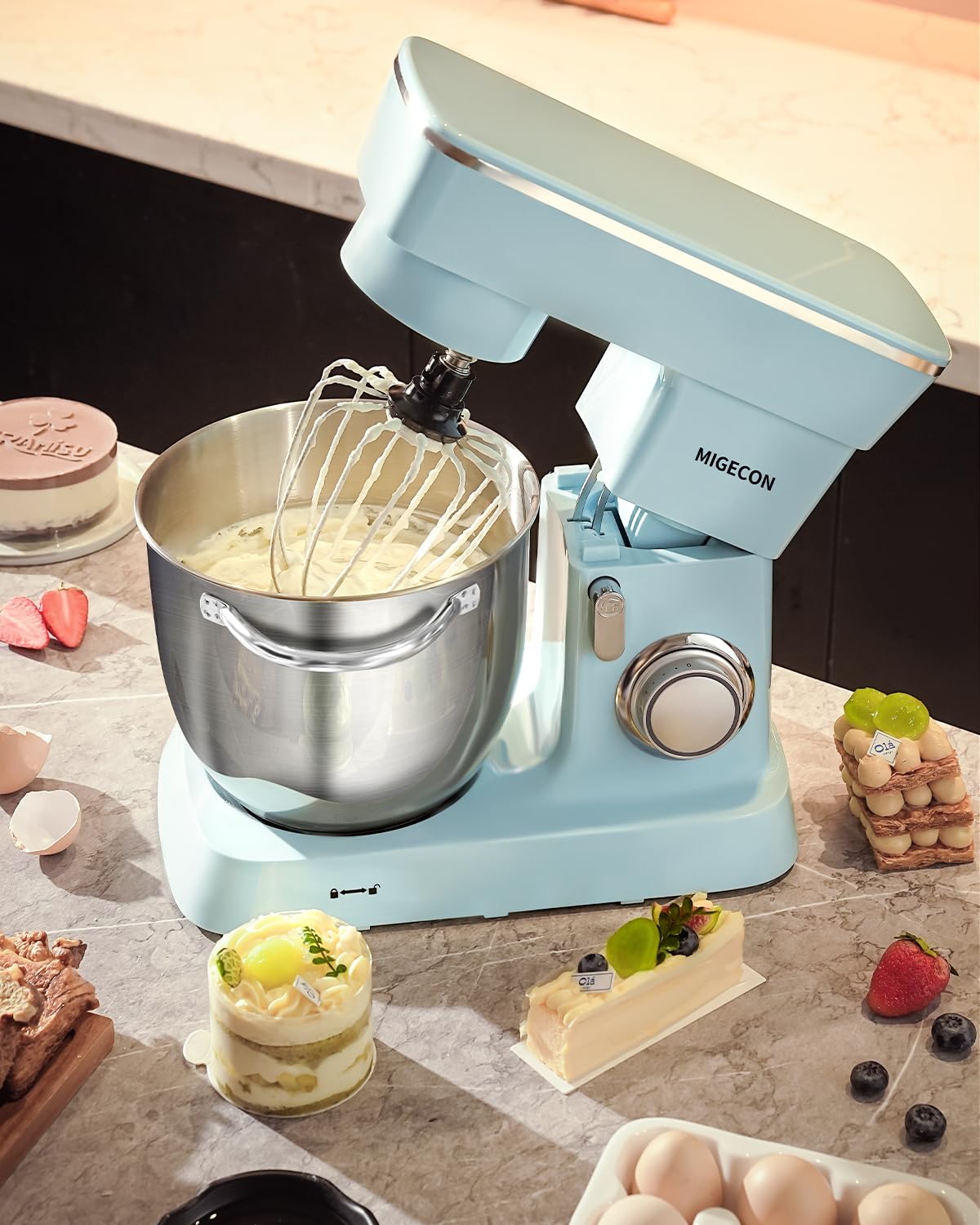 MIGECON 5.26 QT Stand Mixer - 10 Speed Electric Food Mixer with Dough Hook, Flat Beater & Whisk Attachments - Splash Guard - Perfect for Baking Cakes, Cookies & Bread Dough (Blue)