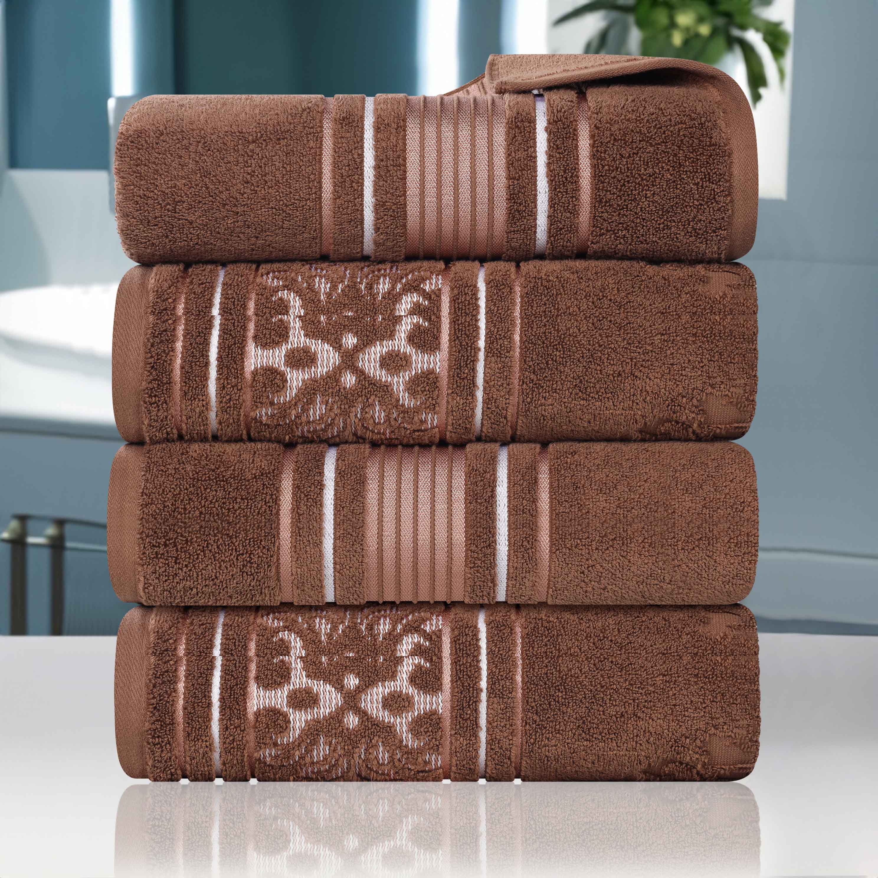 Premium 100% Zero Twist Cotton Bath Towel Set of 4 - Ultra Soft & Absorbent Solid & Jacquard Floral Design - Perfect for Spa, Bathroom, Beach & Guest Use